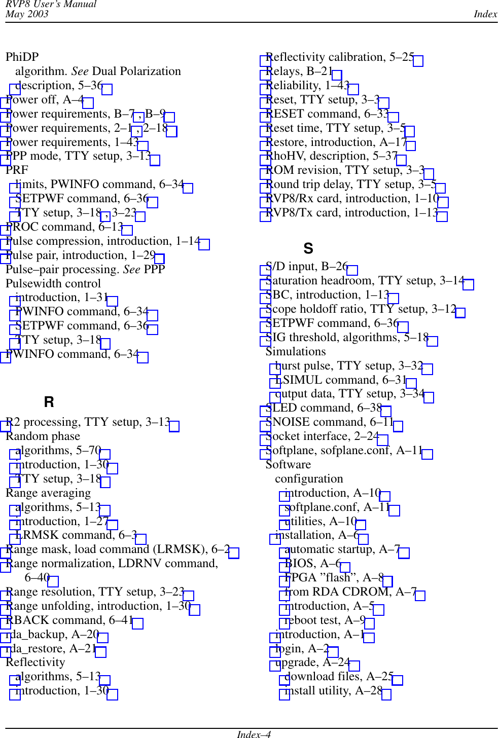 IndexRVP8 User’s ManualMay 2003Index–4PhiDPalgorithm. See Dual Polarizationdescription, 5–36 Power off, A–4 Power requirements, B–7 , B–9 Power requirements, 2–1 , 2–18 Power requirements, 1–43 PPP mode, TTY setup, 3–13 PRFlimits, PWINFO command, 6–34 SETPWF command, 6–36 TTY setup, 3–18 , 3–23 PROC command, 6–13 Pulse compression, introduction, 1–14 Pulse pair, introduction, 1–29 Pulse–pair processing. See PPPPulsewidth controlintroduction, 1–31 PWINFO command, 6–34 SETPWF command, 6–36 TTY setup, 3–18 PWINFO command, 6–34 RR2 processing, TTY setup, 3–13 Random phasealgorithms, 5–70 introduction, 1–30 TTY setup, 3–18 Range averagingalgorithms, 5–13 introduction, 1–27 LRMSK command, 6–3 Range mask, load command (LRMSK), 6–2 Range normalization, LDRNV command,6–40 Range resolution, TTY setup, 3–23 Range unfolding, introduction, 1–30 RBACK command, 6–41 rda_backup, A–20 rda_restore, A–21 Reflectivityalgorithms, 5–13 introduction, 1–30 Reflectivity calibration, 5–25 Relays, B–21 Reliability, 1–43 Reset, TTY setup, 3–3 RESET command, 6–33 Reset time, TTY setup, 3–5 Restore, introduction, A–17 RhoHV, description, 5–37 ROM revision, TTY setup, 3–3 Round trip delay, TTY setup, 3–5 RVP8/Rx card, introduction, 1–10 RVP8/Tx card, introduction, 1–13 SS/D input, B–26 Saturation headroom, TTY setup, 3–14 SBC, introduction, 1–13 Scope holdoff ratio, TTY setup, 3–12 SETPWF command, 6–36 SIG threshold, algorithms, 5–18 Simulationsburst pulse, TTY setup, 3–32 LSIMUL command, 6–31 output data, TTY setup, 3–34 SLED command, 6–38 SNOISE command, 6–11 Socket interface, 2–24 Softplane, sofplane.conf, A–11 Softwareconfigurationintroduction, A–10 softplane.conf, A–11 utilities, A–10 installation, A–6 automatic startup, A–7 BIOS, A–6 FPGA ”flash”, A–8 from RDA CDROM, A–7 introduction, A–5 reboot test, A–9 introduction, A–1 login, A–2 upgrade, A–24 download files, A–25 install utility, A–28 