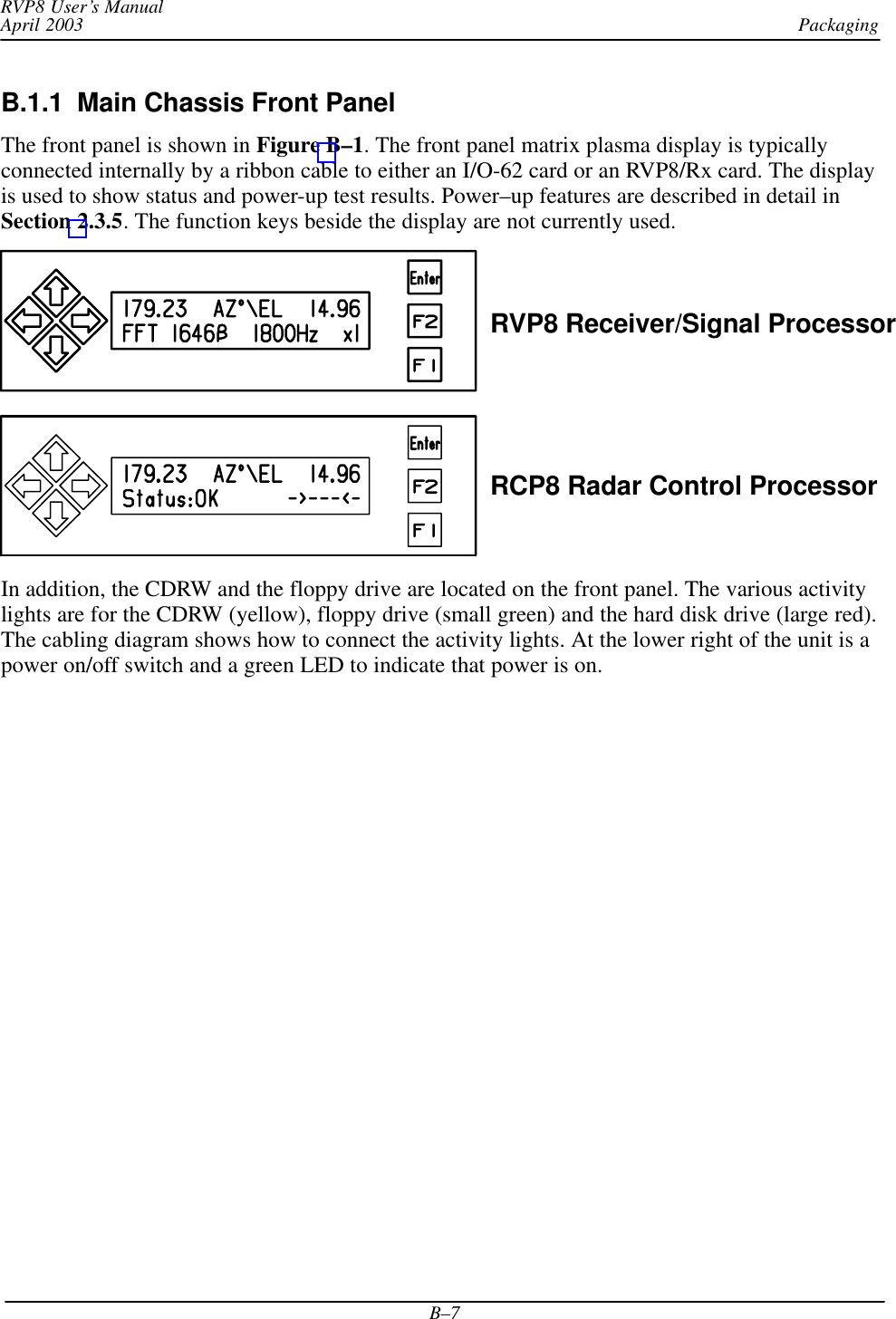 PackagingRVP8 User’s ManualApril 2003B–7B.1.1  Main Chassis Front PanelThe front panel is shown in Figure B–1. The front panel matrix plasma display is typicallyconnected internally by a ribbon cable to either an I/O-62 card or an RVP8/Rx card. The displayis used to show status and power-up test results. Power–up features are described in detail inSection 2.3.5. The function keys beside the display are not currently used.RVP8 Receiver/Signal ProcessorRCP8 Radar Control ProcessorIn addition, the CDRW and the floppy drive are located on the front panel. The various activitylights are for the CDRW (yellow), floppy drive (small green) and the hard disk drive (large red).The cabling diagram shows how to connect the activity lights. At the lower right of the unit is apower on/off switch and a green LED to indicate that power is on.