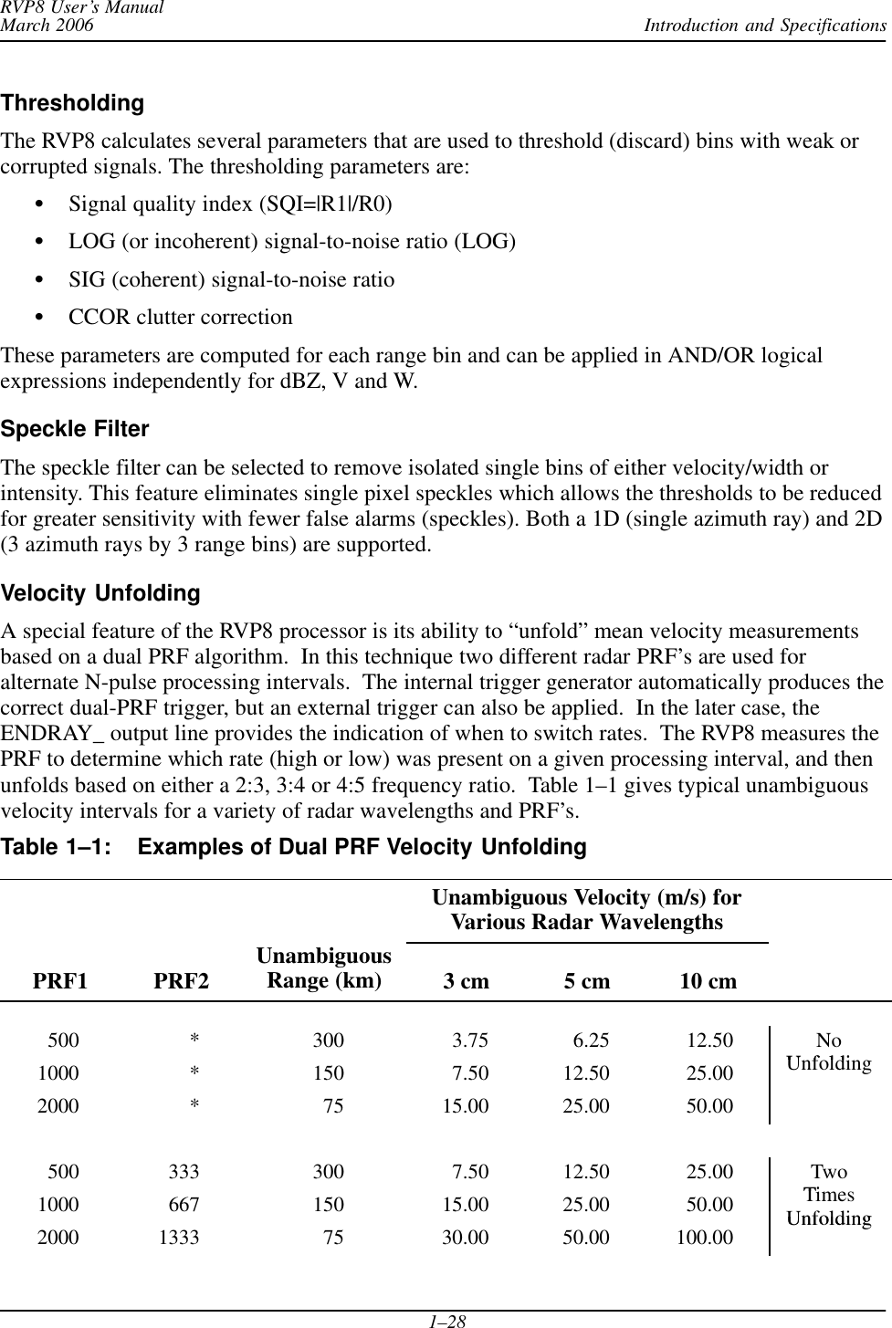 Introduction and SpecificationsRVP8 User’s ManualMarch 20061–28ThresholdingThe RVP8 calculates several parameters that are used to threshold (discard) bins with weak orcorrupted signals. The thresholding parameters are:SSignal quality index (SQI=|R1|/R0)SLOG (or incoherent) signal-to-noise ratio (LOG)SSIG (coherent) signal-to-noise ratioSCCOR clutter correctionThese parameters are computed for each range bin and can be applied in AND/OR logicalexpressions independently for dBZ, V and W.Speckle FilterThe speckle filter can be selected to remove isolated single bins of either velocity/width orintensity. This feature eliminates single pixel speckles which allows the thresholds to be reducedfor greater sensitivity with fewer false alarms (speckles). Both a 1D (single azimuth ray) and 2D(3 azimuth rays by 3 range bins) are supported.Velocity UnfoldingA special feature of the RVP8 processor is its ability to “unfold” mean velocity measurementsbased on a dual PRF algorithm.  In this technique two different radar PRF’s are used foralternate N-pulse processing intervals.  The internal trigger generator automatically produces thecorrect dual-PRF trigger, but an external trigger can also be applied.  In the later case, theENDRAY_ output line provides the indication of when to switch rates.  The RVP8 measures thePRF to determine which rate (high or low) was present on a given processing interval, and thenunfolds based on either a 2:3, 3:4 or 4:5 frequency ratio.  Table 1–1 gives typical unambiguousvelocity intervals for a variety of radar wavelengths and PRF’s.Table 1–1: Examples of Dual PRF Velocity UnfoldingUnambiguous Velocity (m/s) forVarious Radar WavelengthsPRF1 PRF2 UnambiguousRange (km) 3 cm 5 cm 10 cm500 * 300 3.75 6.25 12.50 NoU f ldi1000 * 150 7.50 12.50 25.00 Unfolding2000 * 75 15.00 25.00 50.00500 333 300 7.50 12.50 25.00 TwoTi1000 667 150 15.00 25.00 50.00 TimesUnfolding2000 1333 75 30.00 50.00 100.00Unfolding