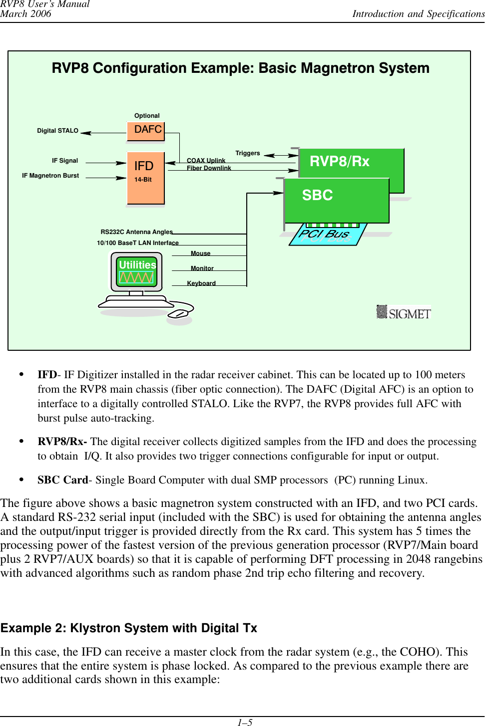 Introduction and SpecificationsRVP8 User’s ManualMarch 20061–5KeyboardMouseMonitor10/100 BaseT LAN InterfaceIFD Fiber DownlinkCOAX UplinkRS232C Antenna AnglesRVP8 Configuration Example: Basic Magnetron SystemTriggersIF SignalIF Magnetron BurstDAFCDigital STALOOptionalUtilities14-BitSBCRVP8/RxSIFD- IF Digitizer installed in the radar receiver cabinet. This can be located up to 100 metersfrom the RVP8 main chassis (fiber optic connection). The DAFC (Digital AFC) is an option tointerface to a digitally controlled STALO. Like the RVP7, the RVP8 provides full AFC withburst pulse auto-tracking.SRVP8/Rx- The digital receiver collects digitized samples from the IFD and does the processingto obtain  I/Q. It also provides two trigger connections configurable for input or output.SSBC Card- Single Board Computer with dual SMP processors  (PC) running Linux.The figure above shows a basic magnetron system constructed with an IFD, and two PCI cards.A standard RS-232 serial input (included with the SBC) is used for obtaining the antenna anglesand the output/input trigger is provided directly from the Rx card. This system has 5 times theprocessing power of the fastest version of the previous generation processor (RVP7/Main boardplus 2 RVP7/AUX boards) so that it is capable of performing DFT processing in 2048 rangebinswith advanced algorithms such as random phase 2nd trip echo filtering and recovery.Example 2: Klystron System with Digital TxIn this case, the IFD can receive a master clock from the radar system (e.g., the COHO). Thisensures that the entire system is phase locked. As compared to the previous example there aretwo additional cards shown in this example: