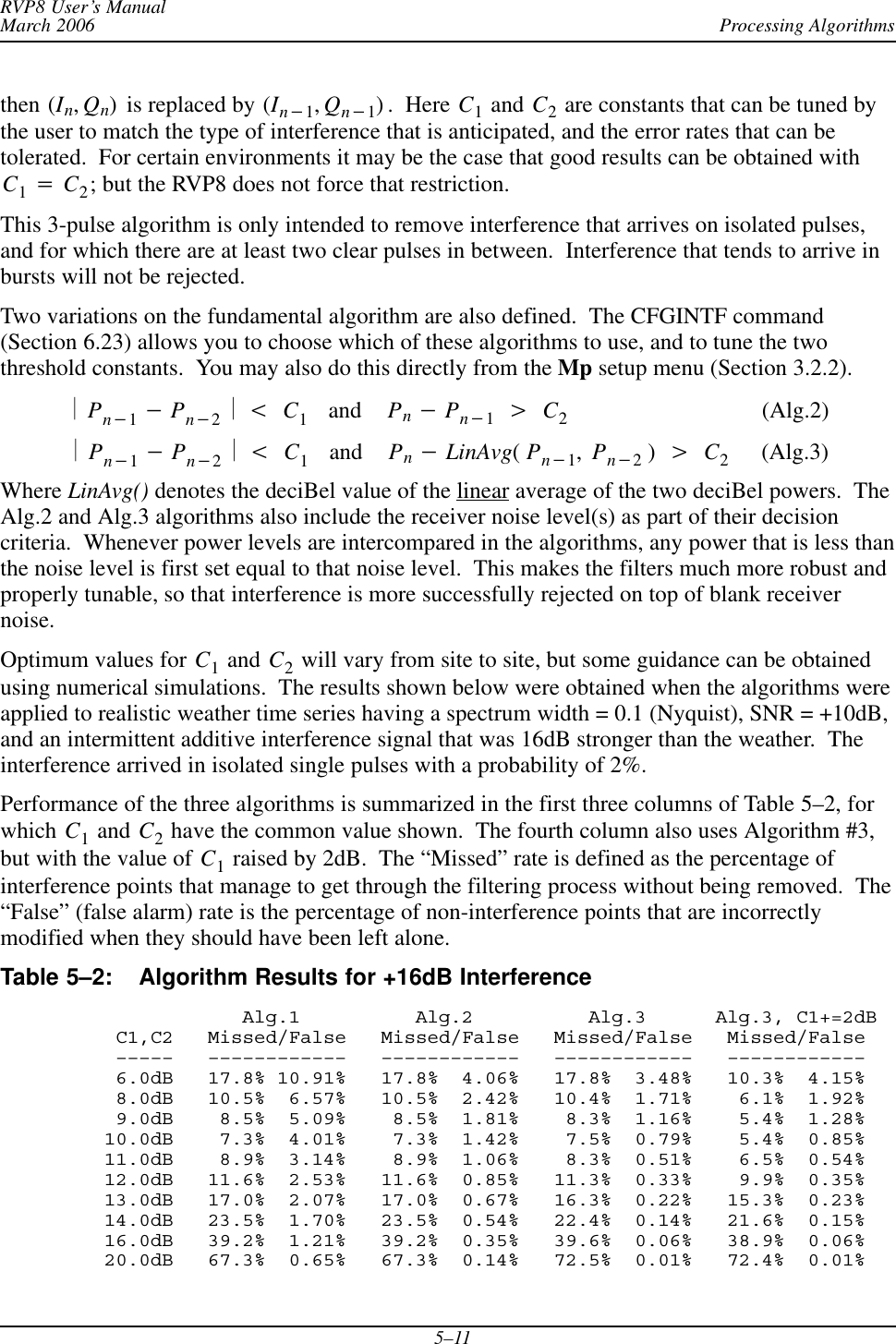 Processing AlgorithmsRVP8 User’s ManualMarch 20065–11then (In,Qn)  is replaced by (In*1,Qn*1) .  Here C1 and C2 are constants that can be tuned bythe user to match the type of interference that is anticipated, and the error rates that can betolerated.  For certain environments it may be the case that good results can be obtained withC1+C2; but the RVP8 does not force that restriction.This 3-pulse algorithm is only intended to remove interference that arrives on isolated pulses,and for which there are at least two clear pulses in between.  Interference that tends to arrive inbursts will not be rejected.Two variations on the fundamental algorithm are also defined.  The CFGINTF command(Section 6.23) allows you to choose which of these algorithms to use, and to tune the twothreshold constants.  You may also do this directly from the Mp setup menu (Section 3.2.2).ŤPn*1*Pn*2ŤtC1   and    Pn*Pn*1uC2                                (Alg.2)ŤPn*1*Pn*2ŤtC1   and    Pn*LinAvg(Pn*1,Pn*2)uC2     (Alg.3)Where LinAvg() denotes the deciBel value of the linear average of the two deciBel powers.  TheAlg.2 and Alg.3 algorithms also include the receiver noise level(s) as part of their decisioncriteria.  Whenever power levels are intercompared in the algorithms, any power that is less thanthe noise level is first set equal to that noise level.  This makes the filters much more robust andproperly tunable, so that interference is more successfully rejected on top of blank receivernoise.Optimum values for C1 and C2 will vary from site to site, but some guidance can be obtainedusing numerical simulations.  The results shown below were obtained when the algorithms wereapplied to realistic weather time series having a spectrum width = 0.1 (Nyquist), SNR = +10dB,and an intermittent additive interference signal that was 16dB stronger than the weather.  Theinterference arrived in isolated single pulses with a probability of 2%.Performance of the three algorithms is summarized in the first three columns of Table 5–2, forwhich C1 and C2 have the common value shown.  The fourth column also uses Algorithm #3,but with the value of C1 raised by 2dB.  The “Missed” rate is defined as the percentage ofinterference points that manage to get through the filtering process without being removed.  The“False” (false alarm) rate is the percentage of non-interference points that are incorrectlymodified when they should have been left alone.Table 5–2: Algorithm Results for +16dB Interference            Alg.1          Alg.2          Alg.3      Alg.3, C1+=2dB C1,C2   Missed/False   Missed/False   Missed/False   Missed/False –––––   ––––––––––––   ––––––––––––   ––––––––––––   –––––––––––– 6.0dB   17.8% 10.91%   17.8%  4.06%   17.8%  3.48%   10.3%  4.15% 8.0dB   10.5%  6.57%   10.5%  2.42%   10.4%  1.71%    6.1%  1.92% 9.0dB    8.5%  5.09%    8.5%  1.81%    8.3%  1.16%    5.4%  1.28%10.0dB    7.3%  4.01%    7.3%  1.42%    7.5%  0.79%    5.4%  0.85%11.0dB    8.9%  3.14%    8.9%  1.06%    8.3%  0.51%    6.5%  0.54%12.0dB   11.6%  2.53%   11.6%  0.85%   11.3%  0.33%    9.9%  0.35%13.0dB   17.0%  2.07%   17.0%  0.67%   16.3%  0.22%   15.3%  0.23%14.0dB   23.5%  1.70%   23.5%  0.54%   22.4%  0.14%   21.6%  0.15%16.0dB   39.2%  1.21%   39.2%  0.35%   39.6%  0.06%   38.9%  0.06%20.0dB   67.3%  0.65%   67.3%  0.14%   72.5%  0.01%   72.4%  0.01%