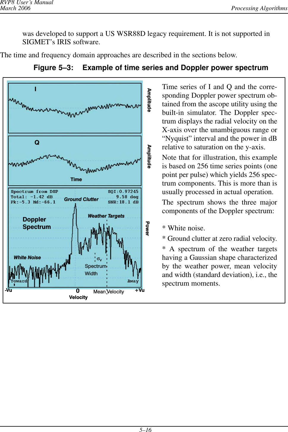 Processing AlgorithmsRVP8 User’s ManualMarch 20065–16was developed to support a US WSR88D legacy requirement. It is not supported inSIGMET’s IRIS software.The time and frequency domain approaches are described in the sections below.Figure 5–3: Example of time series and Doppler power spectrumWhite NoiseGround ClutterWeather TargetsVelocity0+VuĆVuPowerTime series of I and Q and the corre-sponding Doppler power spectrum ob-tained from the ascope utility using thebuilt-in simulator. The Doppler spec-trum displays the radial velocity on theX-axis over the unambiguous range or“Nyquist” interval and the power in dBrelative to saturation on the y-axis.Note that for illustration, this exampleis based on 256 time series points (onepoint per pulse) which yields 256 spec-trum components. This is more than isusually processed in actual operation.The spectrum shows the three majorcomponents of the Doppler spectrum:* White noise.* Ground clutter at zero radial velocity.* A spectrum of the weather targetshaving a Gaussian shape characterizedby the weather power, mean velocityand width (standard deviation), i.e., thespectrum moments.Mean VelocitySpectrumWidthTimeAmplitudeAmplitudeIQDopplerSpectrumσv