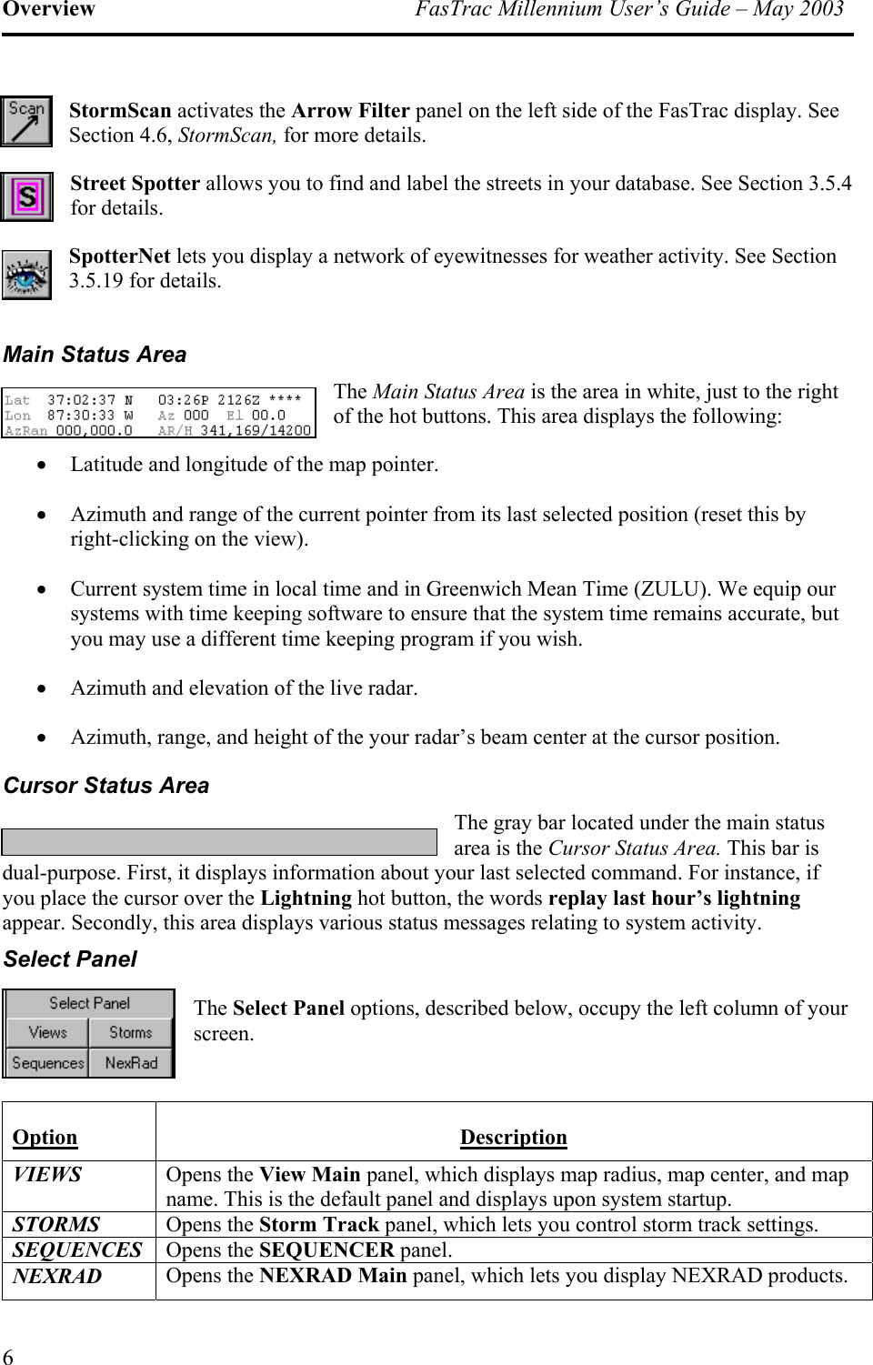 Overview  FasTrac Millennium User’s Guide – May 2003 StormScan activates the Arrow Filter panel on the left side of the FasTrac display. See Section 4.6, StormScan, for more details. Street Spotter allows you to find and label the streets in your database. See Section 3.5.4 for details. SpotterNet lets you display a network of eyewitnesses for weather activity. See Section 3.5.19 for details.  Main Status Area The Main Status Area is the area in white, just to the right of the hot buttons. This area displays the following:  •  Latitude and longitude of the map pointer. •  Azimuth and range of the current pointer from its last selected position (reset this by right-clicking on the view).  •  Current system time in local time and in Greenwich Mean Time (ZULU). We equip our systems with time keeping software to ensure that the system time remains accurate, but you may use a different time keeping program if you wish. •  Azimuth and elevation of the live radar. •  Azimuth, range, and height of the your radar’s beam center at the cursor position. Cursor Status Area The gray bar located under the main status area is the Cursor Status Area. This bar is dual-purpose. First, it displays information about your last selected command. For instance, if you place the cursor over the Lightning hot button, the words replay last hour’s lightning appear. Secondly, this area displays various status messages relating to system activity. Select Panel  The Select Panel options, described below, occupy the left column of your screen.  Option Description VIEWS Opens the View Main panel, which displays map radius, map center, and map name. This is the default panel and displays upon system startup. STORMS Opens the Storm Track panel, which lets you control storm track settings. SEQUENCES Opens the SEQUENCER panel. NEXRAD Opens the NEXRAD Main panel, which lets you display NEXRAD products. 6 