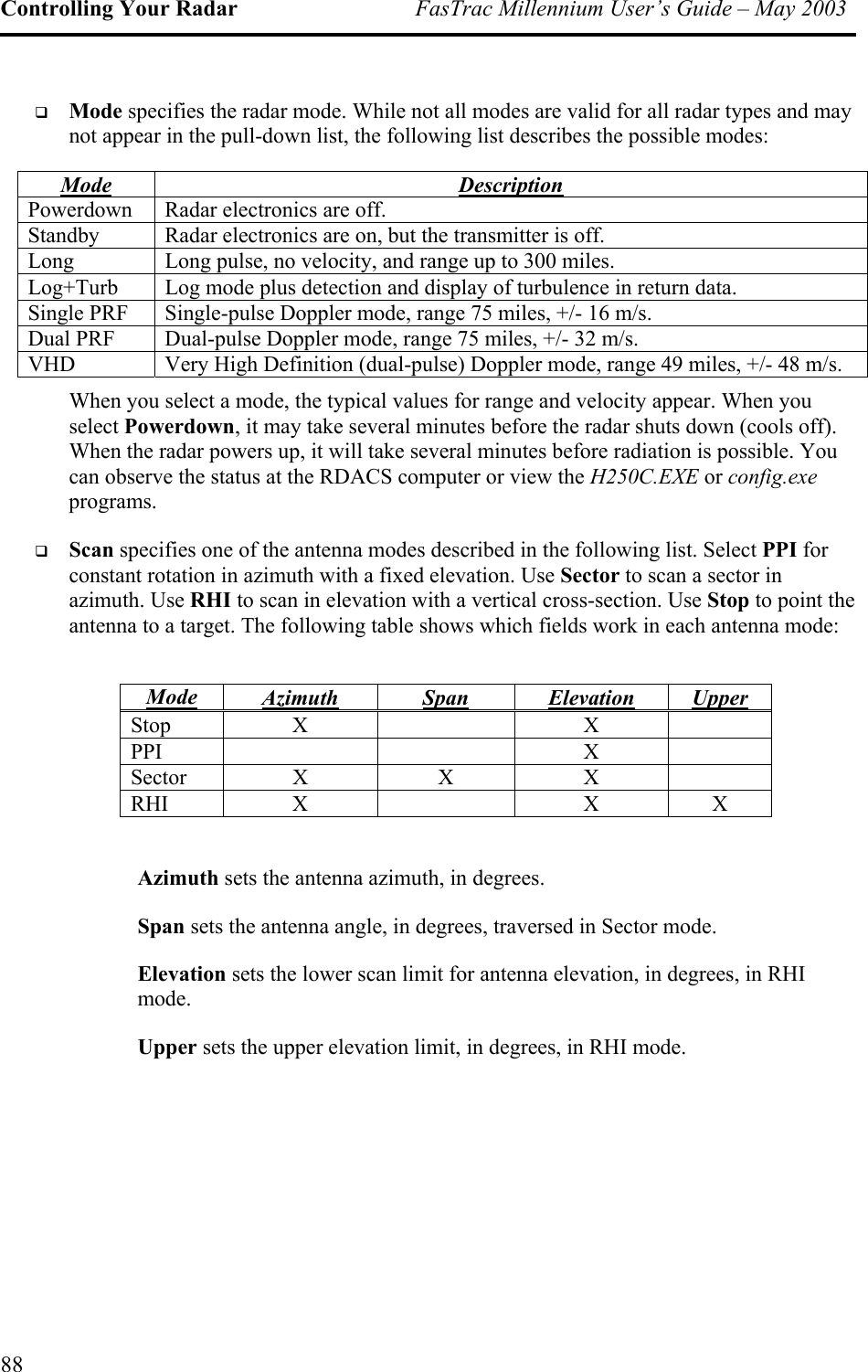 Controlling Your Radar  FasTrac Millennium User’s Guide – May 2003   Mode specifies the radar mode. While not all modes are valid for all radar types and may not appear in the pull-down list, the following list describes the possible modes: Mode Description Powerdown  Radar electronics are off. Standby  Radar electronics are on, but the transmitter is off. Long  Long pulse, no velocity, and range up to 300 miles. Log+Turb  Log mode plus detection and display of turbulence in return data. Single PRF  Single-pulse Doppler mode, range 75 miles, +/- 16 m/s. Dual PRF  Dual-pulse Doppler mode, range 75 miles, +/- 32 m/s. VHD  Very High Definition (dual-pulse) Doppler mode, range 49 miles, +/- 48 m/s. When you select a mode, the typical values for range and velocity appear. When you select Powerdown, it may take several minutes before the radar shuts down (cools off). When the radar powers up, it will take several minutes before radiation is possible. You can observe the status at the RDACS computer or view the H250C.EXE or config.exe programs.   Scan specifies one of the antenna modes described in the following list. Select PPI for constant rotation in azimuth with a fixed elevation. Use Sector to scan a sector in azimuth. Use RHI to scan in elevation with a vertical cross-section. Use Stop to point the antenna to a target. The following table shows which fields work in each antenna mode: Mode Azimuth Span Elevation Upper Stop X    X  PPI    X  Sector X X X  RHI X    X X  Azimuth sets the antenna azimuth, in degrees. Span sets the antenna angle, in degrees, traversed in Sector mode. Elevation sets the lower scan limit for antenna elevation, in degrees, in RHI mode. Upper sets the upper elevation limit, in degrees, in RHI mode. 88 