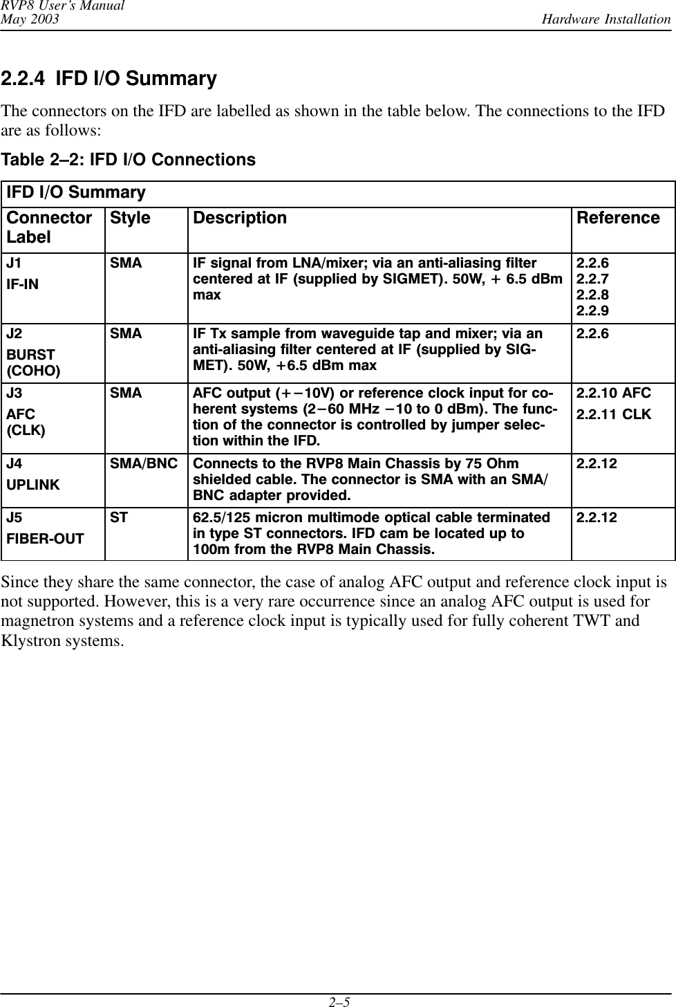 Hardware InstallationRVP8 User’s ManualMay 20032–52.2.4  IFD I/O SummaryThe connectors on the IFD are labelled as shown in the table below. The connections to the IFDare as follows:Table 2–2: IFD I/O ConnectionsIFD I/O SummaryConnectorLabelStyle Description ReferenceJ1IFĆINSMA IF signal from LNA/mixer; via an antiĆaliasing filtercentered at IF (supplied by SIGMET). 50W, + 6.5 dBmmax2.2.62.2.72.2.82.2.9J2BURST(COHO)SMA IF Tx sample from waveguide tap and mixer; via anantiĆaliasing filter centered at IF (supplied by SIGĆMET). 50W, +6.5 dBm max2.2.6J3AFC(CLK)SMA AFC output (+-10V) or reference clock input for coĆherent systems (2-60 MHz -10 to 0 dBm). The funcĆtion of the connector is controlled by jumper selecĆtion within the IFD.2.2.10 AFC2.2.11 CLKJ4UPLINKSMA/BNC Connects to the RVP8 Main Chassis by 75 Ohmshielded cable. The connector is SMA with an SMA/BNC adapter provided.2.2.12J5FIBERĆOUTST 62.5/125 micron multimode optical cable terminatedin type ST connectors. IFD cam be located up to100m from the RVP8 Main Chassis.2.2.12Since they share the same connector, the case of analog AFC output and reference clock input isnot supported. However, this is a very rare occurrence since an analog AFC output is used formagnetron systems and a reference clock input is typically used for fully coherent TWT andKlystron systems.