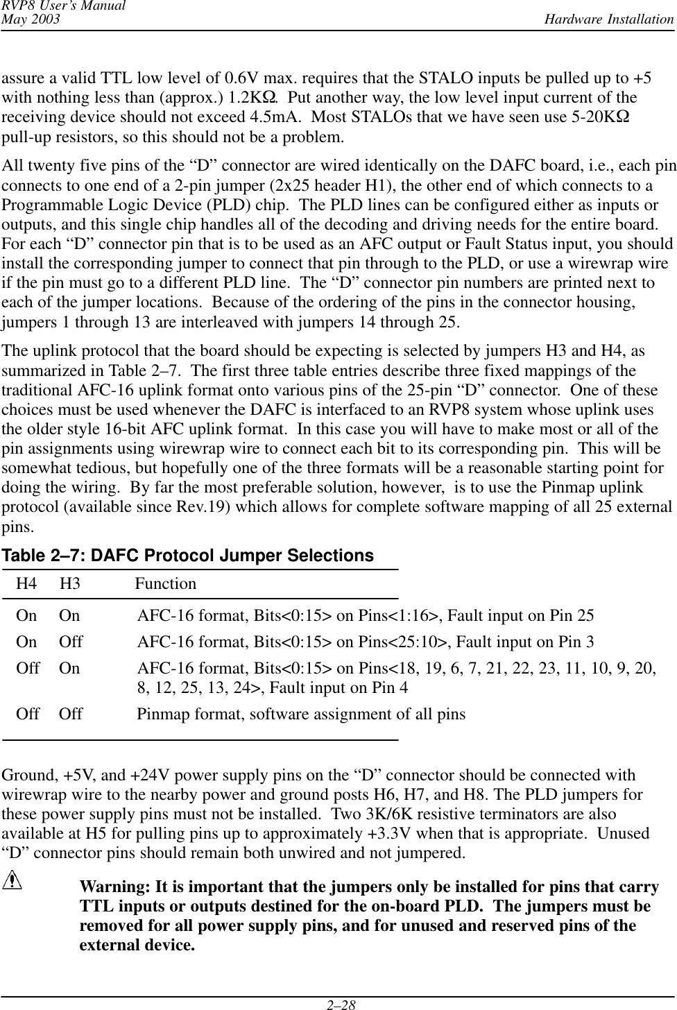 Hardware InstallationRVP8 User’s ManualMay 20032–28assure a valid TTL low level of 0.6V max. requires that the STALO inputs be pulled up to +5with nothing less than (approx.) 1.2KW.  Put another way, the low level input current of thereceiving device should not exceed 4.5mA.  Most STALOs that we have seen use 5-20KWpull-up resistors, so this should not be a problem.All twenty five pins of the “D” connector are wired identically on the DAFC board, i.e., each pinconnects to one end of a 2-pin jumper (2x25 header H1), the other end of which connects to aProgrammable Logic Device (PLD) chip.  The PLD lines can be configured either as inputs oroutputs, and this single chip handles all of the decoding and driving needs for the entire board.For each “D” connector pin that is to be used as an AFC output or Fault Status input, you shouldinstall the corresponding jumper to connect that pin through to the PLD, or use a wirewrap wireif the pin must go to a different PLD line.  The “D” connector pin numbers are printed next toeach of the jumper locations.  Because of the ordering of the pins in the connector housing,jumpers 1 through 13 are interleaved with jumpers 14 through 25.The uplink protocol that the board should be expecting is selected by jumpers H3 and H4, assummarized in Table 2–7.  The first three table entries describe three fixed mappings of thetraditional AFC-16 uplink format onto various pins of the 25-pin “D” connector.  One of thesechoices must be used whenever the DAFC is interfaced to an RVP8 system whose uplink usesthe older style 16-bit AFC uplink format.  In this case you will have to make most or all of thepin assignments using wirewrap wire to connect each bit to its corresponding pin.  This will besomewhat tedious, but hopefully one of the three formats will be a reasonable starting point fordoing the wiring.  By far the most preferable solution, however,  is to use the Pinmap uplinkprotocol (available since Rev.19) which allows for complete software mapping of all 25 externalpins.Table 2–7: DAFC Protocol Jumper Selections  H4     H3            Function  On On AFC-16 format, Bits&lt;0:15&gt; on Pins&lt;1:16&gt;, Fault input on Pin 25  On Off AFC-16 format, Bits&lt;0:15&gt; on Pins&lt;25:10&gt;, Fault input on Pin 3  Off On AFC-16 format, Bits&lt;0:15&gt; on Pins&lt;18, 19, 6, 7, 21, 22, 23, 11, 10, 9, 20,8, 12, 25, 13, 24&gt;, Fault input on Pin 4  Off Off Pinmap format, software assignment of all pinsGround, +5V, and +24V power supply pins on the “D” connector should be connected withwirewrap wire to the nearby power and ground posts H6, H7, and H8. The PLD jumpers forthese power supply pins must not be installed.  Two 3K/6K resistive terminators are alsoavailable at H5 for pulling pins up to approximately +3.3V when that is appropriate.  Unused“D” connector pins should remain both unwired and not jumpered.Warning: It is important that the jumpers only be installed for pins that carryTTL inputs or outputs destined for the on-board PLD.  The jumpers must beremoved for all power supply pins, and for unused and reserved pins of theexternal device.