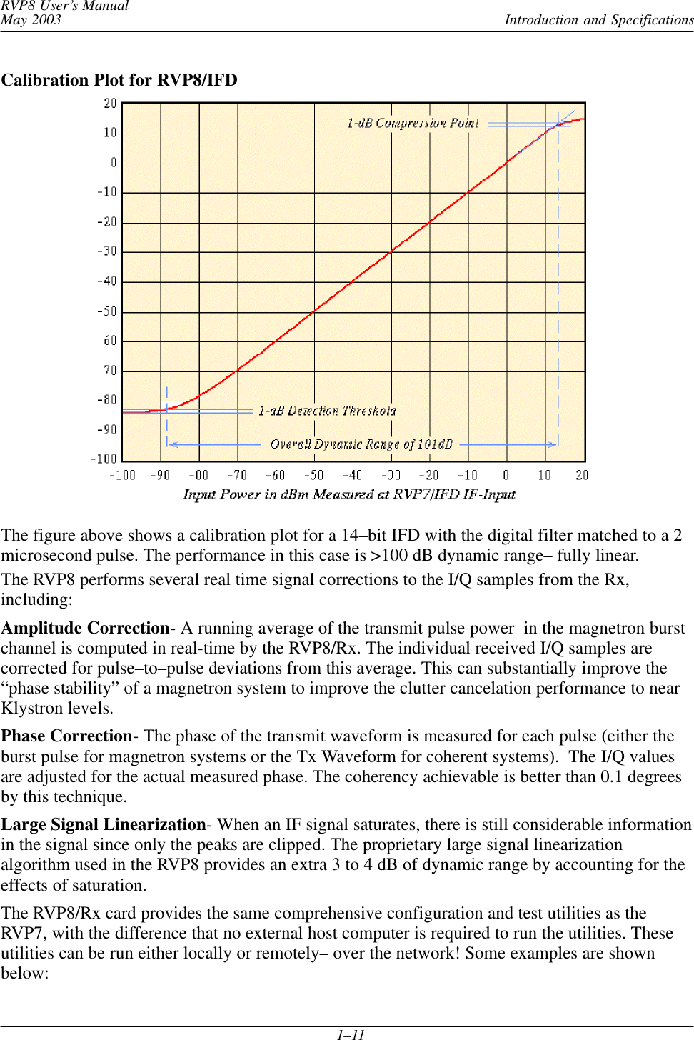 Introduction and SpecificationsRVP8 User’s ManualMay 20031–11Calibration Plot for RVP8/IFDThe figure above shows a calibration plot for a 14–bit IFD with the digital filter matched to a 2microsecond pulse. The performance in this case is &gt;100 dB dynamic range– fully linear.The RVP8 performs several real time signal corrections to the I/Q samples from the Rx,including:Amplitude Correction- A running average of the transmit pulse power  in the magnetron burstchannel is computed in real-time by the RVP8/Rx. The individual received I/Q samples arecorrected for pulse–to–pulse deviations from this average. This can substantially improve the“phase stability” of a magnetron system to improve the clutter cancelation performance to nearKlystron levels.Phase Correction- The phase of the transmit waveform is measured for each pulse (either theburst pulse for magnetron systems or the Tx Waveform for coherent systems).  The I/Q valuesare adjusted for the actual measured phase. The coherency achievable is better than 0.1 degreesby this technique.Large Signal Linearization- When an IF signal saturates, there is still considerable informationin the signal since only the peaks are clipped. The proprietary large signal linearizationalgorithm used in the RVP8 provides an extra 3 to 4 dB of dynamic range by accounting for theeffects of saturation.The RVP8/Rx card provides the same comprehensive configuration and test utilities as theRVP7, with the difference that no external host computer is required to run the utilities. Theseutilities can be run either locally or remotely– over the network! Some examples are shownbelow: