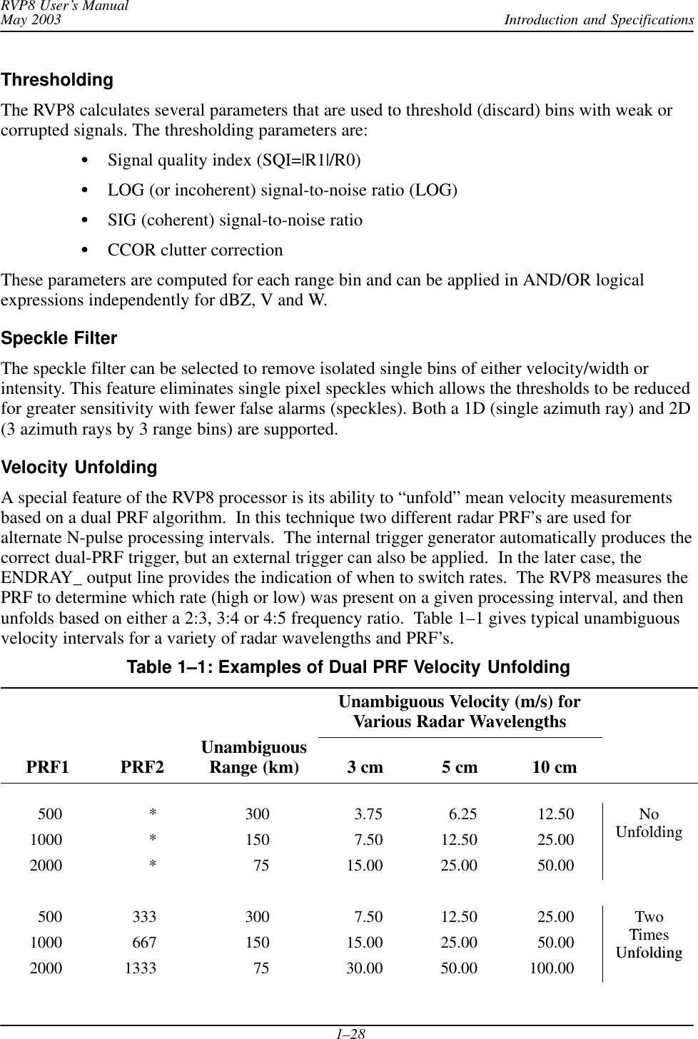 Introduction and SpecificationsRVP8 User’s ManualMay 20031–28ThresholdingThe RVP8 calculates several parameters that are used to threshold (discard) bins with weak orcorrupted signals. The thresholding parameters are:Signal quality index (SQI=|R1|/R0)LOG (or incoherent) signal-to-noise ratio (LOG)SIG (coherent) signal-to-noise ratioCCOR clutter correctionThese parameters are computed for each range bin and can be applied in AND/OR logicalexpressions independently for dBZ, V and W.Speckle FilterThe speckle filter can be selected to remove isolated single bins of either velocity/width orintensity. This feature eliminates single pixel speckles which allows the thresholds to be reducedfor greater sensitivity with fewer false alarms (speckles). Both a 1D (single azimuth ray) and 2D(3 azimuth rays by 3 range bins) are supported.Velocity UnfoldingA special feature of the RVP8 processor is its ability to “unfold” mean velocity measurementsbased on a dual PRF algorithm.  In this technique two different radar PRF’s are used foralternate N-pulse processing intervals.  The internal trigger generator automatically produces thecorrect dual-PRF trigger, but an external trigger can also be applied.  In the later case, theENDRAY_ output line provides the indication of when to switch rates.  The RVP8 measures thePRF to determine which rate (high or low) was present on a given processing interval, and thenunfolds based on either a 2:3, 3:4 or 4:5 frequency ratio.  Table 1–1 gives typical unambiguousvelocity intervals for a variety of radar wavelengths and PRF’s.Table 1–1: Examples of Dual PRF Velocity UnfoldingUnambiguous Velocity (m/s) forVarious Radar WavelengthsPRF1 PRF2 UnambiguousRange (km) 3 cm 5 cm 10 cm500 * 300 3.75 6.25 12.50 NoU f ldi1000 * 150 7.50 12.50 25.00 Unfolding2000 * 75 15.00 25.00 50.00500 333 300 7.50 12.50 25.00 TwoTi1000 667 150 15.00 25.00 50.00 TimesUnfolding2000 1333 75 30.00 50.00 100.00Unfolding