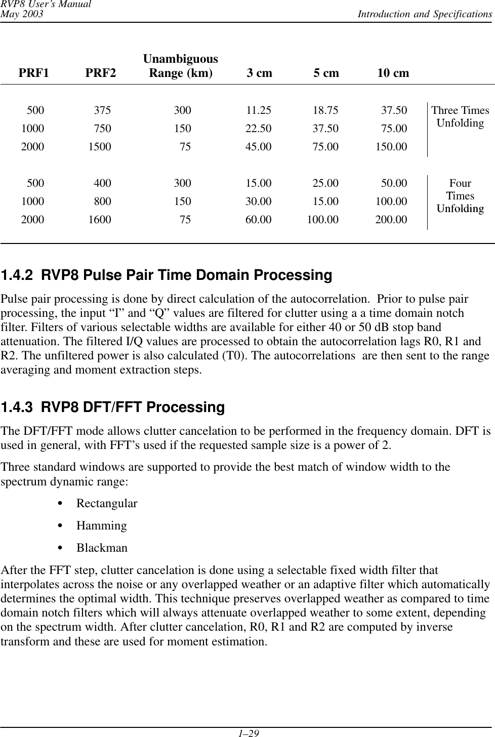 Introduction and SpecificationsRVP8 User’s ManualMay 20031–29PRF1 10 cm5 cm3 cmUnambiguousRange (km)PRF2500 375 300 11.25 18.75 37.50 Three TimesU f ldi1000 750 150 22.50 37.50 75.00 Unfolding2000 1500 75 45.00 75.00 150.00500 400 300 15.00 25.00 50.00 FourTi1000 800 150 30.00 15.00 100.00 TimesUnfolding2000 1600 75 60.00 100.00 200.00Unfolding1.4.2  RVP8 Pulse Pair Time Domain ProcessingPulse pair processing is done by direct calculation of the autocorrelation.  Prior to pulse pairprocessing, the input “I” and “Q” values are filtered for clutter using a a time domain notchfilter. Filters of various selectable widths are available for either 40 or 50 dB stop bandattenuation. The filtered I/Q values are processed to obtain the autocorrelation lags R0, R1 andR2. The unfiltered power is also calculated (T0). The autocorrelations  are then sent to the rangeaveraging and moment extraction steps.1.4.3  RVP8 DFT/FFT Processing The DFT/FFT mode allows clutter cancelation to be performed in the frequency domain. DFT isused in general, with FFT’s used if the requested sample size is a power of 2.Three standard windows are supported to provide the best match of window width to thespectrum dynamic range:RectangularHammingBlackmanAfter the FFT step, clutter cancelation is done using a selectable fixed width filter thatinterpolates across the noise or any overlapped weather or an adaptive filter which automaticallydetermines the optimal width. This technique preserves overlapped weather as compared to timedomain notch filters which will always attenuate overlapped weather to some extent, dependingon the spectrum width. After clutter cancelation, R0, R1 and R2 are computed by inversetransform and these are used for moment estimation.