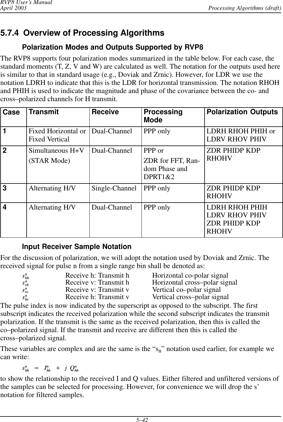 Processing Algorithms (draft)RVP8 User’s ManualApril 20035–425.7.4  Overview of Processing AlgorithmsPolarization Modes and Outputs Supported by RVP8The RVP8 supports four polarization modes summarized in the table below. For each case, thestandard moments (T, Z, V and W) are calculated as well. The notation for the outputs used hereis similar to that in standard usage (e.g., Doviak and Zrnic). However, for LDR we use thenotation LDRH to indicate that this is the LDR for horizontal transmission. The notation RHOHand PHIH is used to indicate the magnitude and phase of the covariance between the co- andcross–polarized channels for H transmit.Case Transmit Receive ProcessingMode Polarization Outputs1Fixed Horizontal orFixed Vertical Dual-Channel PPP only LDRH RHOH PHIH orLDRV RHOV PHIV2Simultaneous H+V(STAR Mode)Dual-Channel PPP orZDR for FFT, Ran-dom Phase andDPRT1&amp;2ZDR PHIDP KDPRHOHV3Alternating H/V Single-Channel PPP only ZDR PHIDP KDPRHOHV4Alternating H/V Dual-Channel PPP only LDRH RHOH PHIHLDRV RHOV PHIVZDR PHIDP KDPRHOHVInput Receiver Sample NotationFor the discussion of polarization, we will adopt the notation used by Doviak and Zrnic. Thereceived signal for pulse n from a single range bin shall be denoted as:snhh Receive h: Transmit h Horizontal co-polar signalsnvh Receive v: Transmit h Horizontal cross–polar signalsnvv Receive v: Transmit v Vertical co–polar signalsnhv Receive h: Transmit v Vertical cross–polar signalThe pulse index is now indicated by the superscript as opposed to the subscript. The firstsubscript indicates the received polarization while the second subscript indicates the transmitpolarization. If the transmit is the same as the received polarization, then this is called theco–polarized signal. If the transmit and receive are different then this is called thecross–polarized signal.These variables are complex and are the same is the “sn” notation used earlier, for example wecan write:snhhĄ+ĄInhhĄ)ĄjĄQnhhto show the relationship to the received I and Q values. Either filtered and unfiltered versions ofthe samples can be selected for processing. However, for convenience we will drop the s’notation for filtered samples.