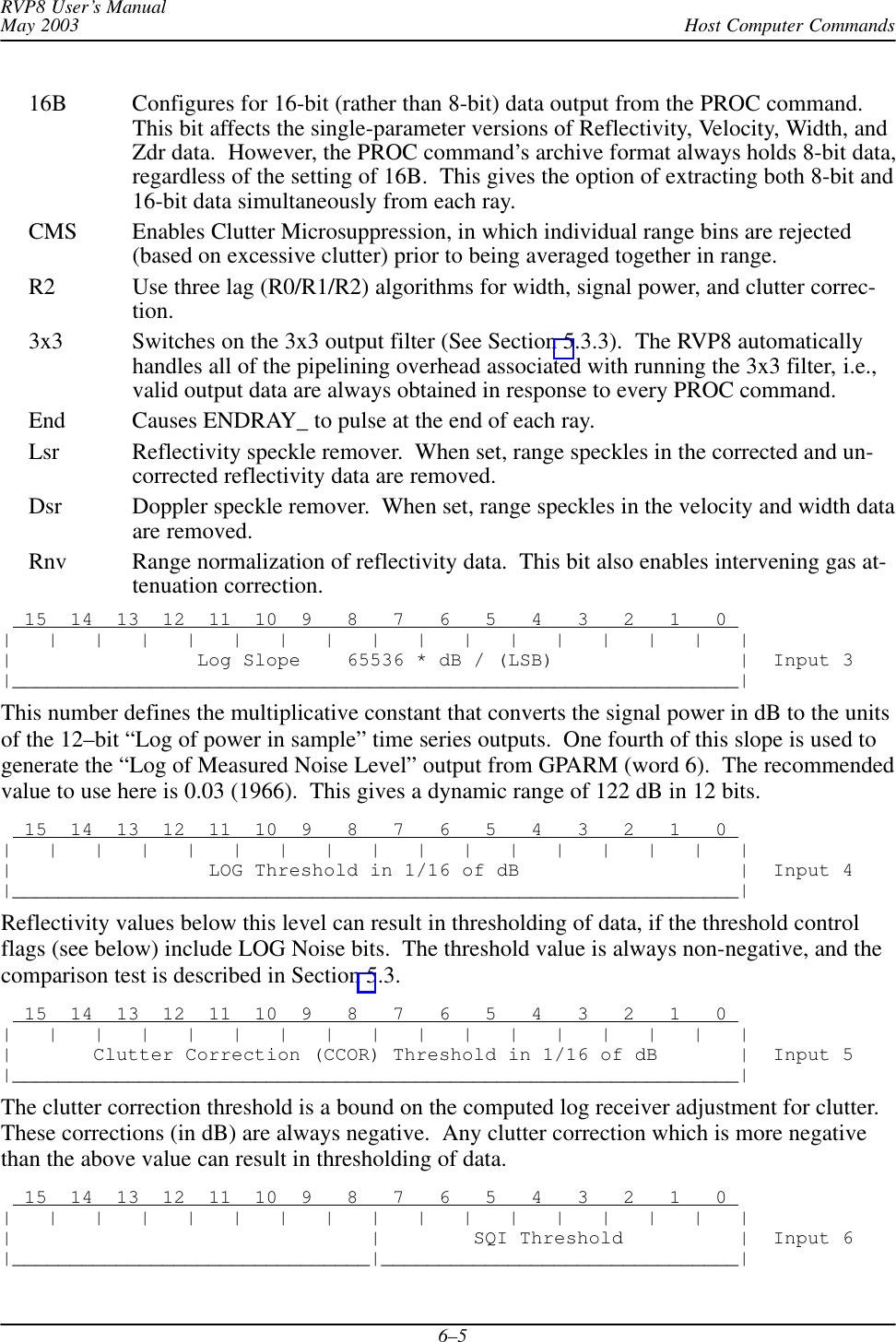 Host Computer CommandsRVP8 User’s ManualMay 20036–516B Configures for 16-bit (rather than 8-bit) data output from the PROC command.This bit affects the single-parameter versions of Reflectivity, Velocity, Width, andZdr data.  However, the PROC command’s archive format always holds 8-bit data,regardless of the setting of 16B.  This gives the option of extracting both 8-bit and16-bit data simultaneously from each ray.CMS Enables Clutter Microsuppression, in which individual range bins are rejected(based on excessive clutter) prior to being averaged together in range.R2 Use three lag (R0/R1/R2) algorithms for width, signal power, and clutter correc-tion.3x3 Switches on the 3x3 output filter (See Section 5.3.3).  The RVP8 automaticallyhandles all of the pipelining overhead associated with running the 3x3 filter, i.e.,valid output data are always obtained in response to every PROC command.End Causes ENDRAY_ to pulse at the end of each ray.Lsr Reflectivity speckle remover.  When set, range speckles in the corrected and un-corrected reflectivity data are removed.Dsr Doppler speckle remover.  When set, range speckles in the velocity and width dataare removed.Rnv Range normalization of reflectivity data.  This bit also enables intervening gas at-tenuation correction.  15  14  13  12  11  10  9   8   7   6   5   4   3   2   1   0 |   |   |   |   |   |   |   |   |   |   |   |   |   |   |   |   ||                Log Slope    65536 * dB / (LSB)                |  Input 3|_______________________________________________________________|This number defines the multiplicative constant that converts the signal power in dB to the unitsof the 12–bit “Log of power in sample” time series outputs.  One fourth of this slope is used togenerate the “Log of Measured Noise Level” output from GPARM (word 6).  The recommendedvalue to use here is 0.03 (1966).  This gives a dynamic range of 122 dB in 12 bits.  15  14  13  12  11  10  9   8   7   6   5   4   3   2   1   0 |   |   |   |   |   |   |   |   |   |   |   |   |   |   |   |   ||                 LOG Threshold in 1/16 of dB                   |  Input 4|_______________________________________________________________|Reflectivity values below this level can result in thresholding of data, if the threshold controlflags (see below) include LOG Noise bits.  The threshold value is always non-negative, and thecomparison test is described in Section 5.3.  15  14  13  12  11  10  9   8   7   6   5   4   3   2   1   0 |   |   |   |   |   |   |   |   |   |   |   |   |   |   |   |   ||       Clutter Correction (CCOR) Threshold in 1/16 of dB       |  Input 5|_______________________________________________________________|The clutter correction threshold is a bound on the computed log receiver adjustment for clutter.These corrections (in dB) are always negative.  Any clutter correction which is more negativethan the above value can result in thresholding of data.  15  14  13  12  11  10  9   8   7   6   5   4   3   2   1   0 |   |   |   |   |   |   |   |   |   |   |   |   |   |   |   |   ||                               |        SQI Threshold          |  Input 6|_______________________________|_______________________________|