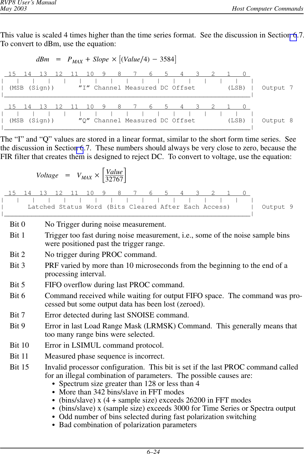 Host Computer CommandsRVP8 User’s ManualMay 20036–24This value is scaled 4 times higher than the time series format.  See the discussion in Section 6.7.To convert to dBm, use the equation:dBm PMAX Slope (Value4) 3584  15  14  13  12  11  10  9   8   7   6   5   4   3   2   1   0 |   |   |   |   |   |   |   |   |   |   |   |   |   |   |   |   || (MSB (Sign))      ”I” Channel Measured DC Offset        (LSB) |  Output 7|_______________________________________________________________|  15  14  13  12  11  10  9   8   7   6   5   4   3   2   1   0 |   |   |   |   |   |   |   |   |   |   |   |   |   |   |   |   || (MSB (Sign))      ”Q” Channel Measured DC Offset        (LSB) |  Output 8|_______________________________________________________________|The “I” and “Q” values are stored in a linear format, similar to the short form time series.  Seethe discussion in Section 6.7.  These numbers should always be very close to zero, because theFIR filter that creates them is designed to reject DC.  To convert to voltage, use the equation:Voltage VMAX Value32767  15  14  13  12  11  10  9   8   7   6   5   4   3   2   1   0 |   |   |   |   |   |   |   |   |   |   |   |   |   |   |   |   ||      Latched Status Word (Bits Cleared After Each Access)     |  Output 9|_______________________________________________________________|Bit 0 No Trigger during noise measurement.Bit 1 Trigger too fast during noise measurement, i.e., some of the noise sample binswere positioned past the trigger range.Bit 2 No trigger during PROC command.Bit 3 PRF varied by more than 10 microseconds from the beginning to the end of aprocessing interval.Bit 5 FIFO overflow during last PROC command.Bit 6 Command received while waiting for output FIFO space.  The command was pro-cessed but some output data has been lost (zeroed).Bit 7 Error detected during last SNOISE command.Bit 9 Error in last Load Range Mask (LRMSK) Command.  This generally means thattoo many range bins were selected.Bit 10 Error in LSIMUL command protocol.Bit 11 Measured phase sequence is incorrect.Bit 15 Invalid processor configuration.  This bit is set if the last PROC command calledfor an illegal combination of parameters.  The possible causes are:   Spectrum size greater than 128 or less than 4   More than 342 bins/slave in FFT modes   (bins/slave) x (4 + sample size) exceeds 26200 in FFT modes   (bins/slave) x (sample size) exceeds 3000 for Time Series or Spectra output   Odd number of bins selected during fast polarization switching   Bad combination of polarization parameters