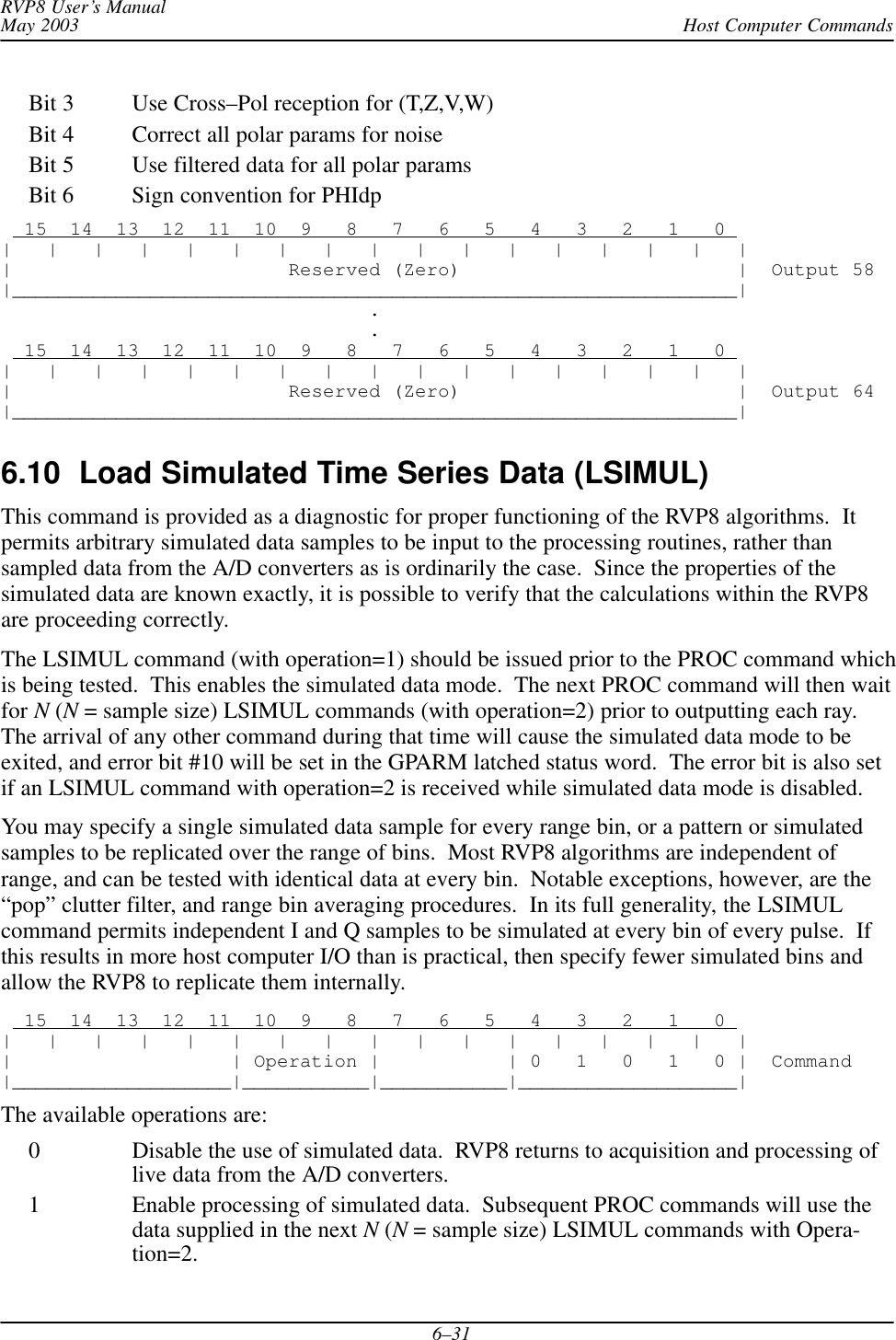 Host Computer CommandsRVP8 User’s ManualMay 20036–31Bit 3 Use Cross–Pol reception for (T,Z,V,W)Bit 4 Correct all polar params for noiseBit 5 Use filtered data for all polar paramsBit 6 Sign convention for PHIdp  15  14  13  12  11  10  9   8   7   6   5   4   3   2   1   0 |   |   |   |   |   |   |   |   |   |   |   |   |   |   |   |   ||                        Reserved (Zero)                        |  Output 58|_______________________________________________________________|                                .                                .  15  14  13  12  11  10  9   8   7   6   5   4   3   2   1   0 |   |   |   |   |   |   |   |   |   |   |   |   |   |   |   |   ||                        Reserved (Zero)                        |  Output 64|_______________________________________________________________|6.10  Load Simulated Time Series Data (LSIMUL)This command is provided as a diagnostic for proper functioning of the RVP8 algorithms.  Itpermits arbitrary simulated data samples to be input to the processing routines, rather thansampled data from the A/D converters as is ordinarily the case.  Since the properties of thesimulated data are known exactly, it is possible to verify that the calculations within the RVP8are proceeding correctly.The LSIMUL command (with operation=1) should be issued prior to the PROC command whichis being tested.  This enables the simulated data mode.  The next PROC command will then waitfor N (N = sample size) LSIMUL commands (with operation=2) prior to outputting each ray.The arrival of any other command during that time will cause the simulated data mode to beexited, and error bit #10 will be set in the GPARM latched status word.  The error bit is also setif an LSIMUL command with operation=2 is received while simulated data mode is disabled.You may specify a single simulated data sample for every range bin, or a pattern or simulatedsamples to be replicated over the range of bins.  Most RVP8 algorithms are independent ofrange, and can be tested with identical data at every bin.  Notable exceptions, however, are the“pop” clutter filter, and range bin averaging procedures.  In its full generality, the LSIMULcommand permits independent I and Q samples to be simulated at every bin of every pulse.  Ifthis results in more host computer I/O than is practical, then specify fewer simulated bins andallow the RVP8 to replicate them internally.  15  14  13  12  11  10  9   8   7   6   5   4   3   2   1   0 |   |   |   |   |   |   |   |   |   |   |   |   |   |   |   |   ||                   | Operation |           | 0   1   0   1   0 |  Command|___________________|___________|___________|___________________|The available operations are:0 Disable the use of simulated data.  RVP8 returns to acquisition and processing oflive data from the A/D converters.1 Enable processing of simulated data.  Subsequent PROC commands will use thedata supplied in the next N (N = sample size) LSIMUL commands with Opera-tion=2.