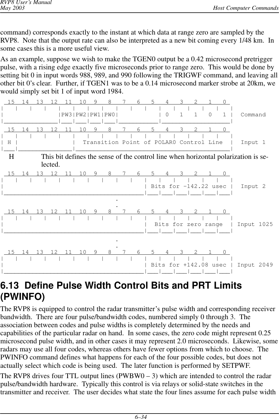 Host Computer CommandsRVP8 User’s ManualMay 20036–34command) corresponds exactly to the instant at which data at range zero are sampled by theRVP8.  Note that the output rate can also be interpreted as a new bit coming every 1/48 km.  Insome cases this is a more useful view.As an example, suppose we wish to make the TGEN0 output be a 0.42 microsecond pretriggerpulse, with a rising edge exactly five microseconds prior to range zero.  This would be done bysetting bit 0 in input words 988, 989, and 990 following the TRIGWF command, and leaving allother bit 0’s clear.  Further, if TGEN1 was to be a 0.14 microsecond marker strobe at 20km, wewould simply set bit 1 of input word 1984.  15  14  13  12  11  10  9   8   7   6   5   4   3   2   1   0 |   |   |   |   |   |   |   |   |   |   |   |   |   |   |   |   ||               |PW3|PW2|PW1|PW0|           | 0   1   1   0   1 |  Command|_______________|___|___|___|___|___________|___________________|  15  14  13  12  11  10  9   8   7   6   5   4   3   2   1   0 |   |   |   |   |   |   |   |   |   |   |   |   |   |   |   |   || H |               |  Transition Point of POLAR0 Control Line  |  Input 1|___|_______________|___________________________________________|H This bit defines the sense of the control line when horizontal polarization is se-lected.  15  14  13  12  11  10  9   8   7   6   5   4   3   2   1   0 |   |   |   |   |   |   |   |   |   |   |   |   |   |   |   |   ||                                       | Bits for –142.22 usec |  Input 2|_______________________________________|___|___|___|___|___|___|                                .                                .  15  14  13  12  11  10  9   8   7   6   5   4   3   2   1   0 |   |   |   |   |   |   |   |   |   |   |   |   |   |   |   |   ||                                       |  Bits for zero range  | Input 1025|_______________________________________|___|___|___|___|___|___|                                .                                .  15  14  13  12  11  10  9   8   7   6   5   4   3   2   1   0 |   |   |   |   |   |   |   |   |   |   |   |   |   |   |   |   ||                                       | Bits for +142.08 usec | Input 2049|_______________________________________|___|___|___|___|___|___|6.13  Define Pulse Width Control Bits and PRT Limits(PWINFO) The RVP8 is equipped to control the radar transmitter’s pulse width and corresponding receiverbandwidth.  There are four pulse/bandwidth codes, numbered simply 0 through 3.  Theassociation between codes and pulse widths is completely determined by the needs andcapabilities of the particular radar on hand.  In some cases, the zero code might represent 0.25microsecond pulse width, and in other cases it may represent 2.0 microseconds.  Likewise, someradars may use all four codes, whereas others have fewer options from which to choose.  ThePWINFO command defines what happens for each of the four possible codes, but does notactually select which code is being used.  The later function is performed by SETPWF.The RVP8 drives four TTL output lines (PWBW0 – 3) which are intended to control the radarpulse/bandwidth hardware.  Typically this control is via relays or solid-state switches in thetransmitter and receiver.  The user decides what state the four lines assume for each pulse width