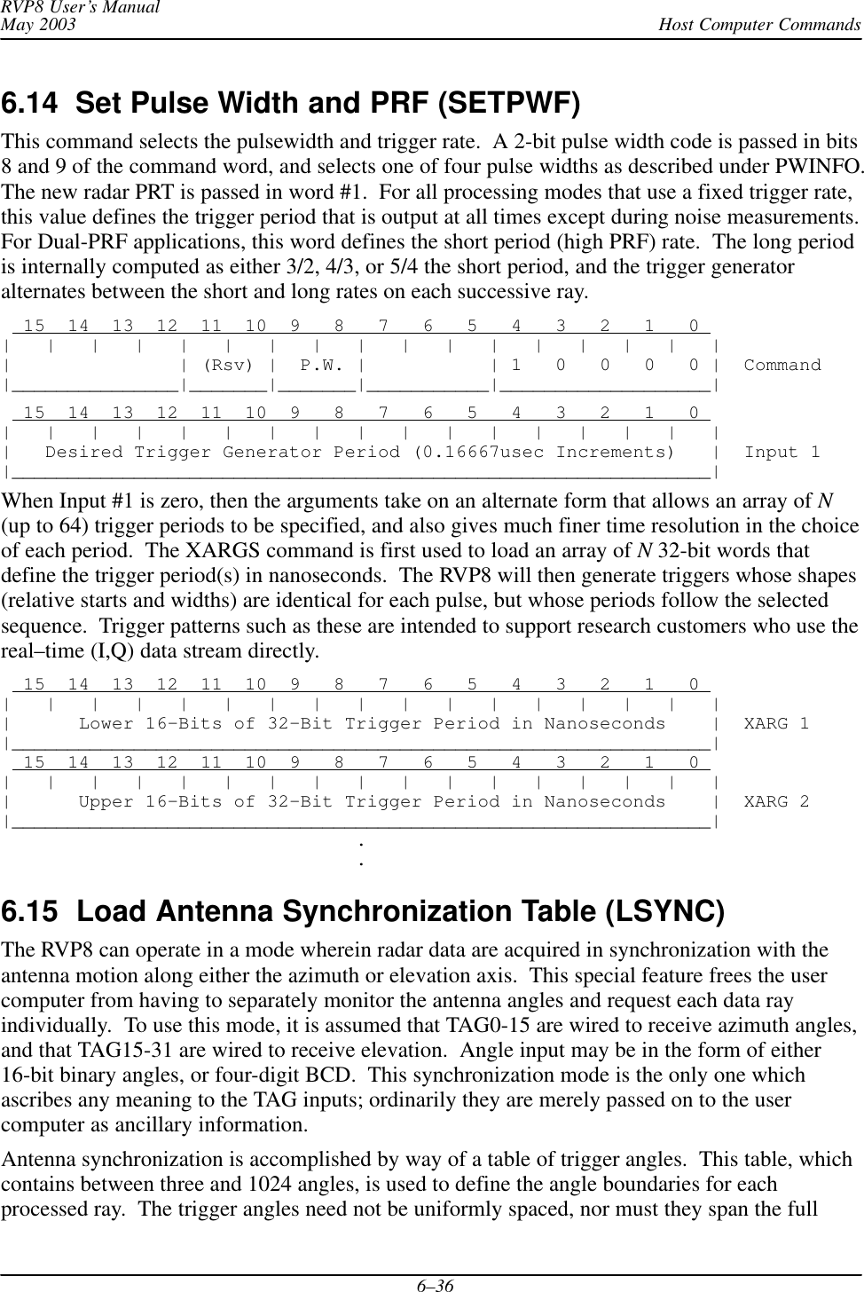 Host Computer CommandsRVP8 User’s ManualMay 20036–366.14  Set Pulse Width and PRF (SETPWF)This command selects the pulsewidth and trigger rate.  A 2-bit pulse width code is passed in bits8 and 9 of the command word, and selects one of four pulse widths as described under PWINFO.The new radar PRT is passed in word #1.  For all processing modes that use a fixed trigger rate,this value defines the trigger period that is output at all times except during noise measurements.For Dual-PRF applications, this word defines the short period (high PRF) rate.  The long periodis internally computed as either 3/2, 4/3, or 5/4 the short period, and the trigger generatoralternates between the short and long rates on each successive ray.  15  14  13  12  11  10  9   8   7   6   5   4   3   2   1   0 |   |   |   |   |   |   |   |   |   |   |   |   |   |   |   |   ||               | (Rsv) |  P.W. |           | 1   0   0   0   0 |  Command|_______________|_______|_______|___________|___________________|  15  14  13  12  11  10  9   8   7   6   5   4   3   2   1   0 |   |   |   |   |   |   |   |   |   |   |   |   |   |   |   |   ||   Desired Trigger Generator Period (0.16667usec Increments)   |  Input 1|_______________________________________________________________|When Input #1 is zero, then the arguments take on an alternate form that allows an array of N(up to 64) trigger periods to be specified, and also gives much finer time resolution in the choiceof each period.  The XARGS command is first used to load an array of N 32-bit words thatdefine the trigger period(s) in nanoseconds.  The RVP8 will then generate triggers whose shapes(relative starts and widths) are identical for each pulse, but whose periods follow the selectedsequence.  Trigger patterns such as these are intended to support research customers who use thereal–time (I,Q) data stream directly.  15  14  13  12  11  10  9   8   7   6   5   4   3   2   1   0 |   |   |   |   |   |   |   |   |   |   |   |   |   |   |   |   ||      Lower 16–Bits of 32–Bit Trigger Period in Nanoseconds    |  XARG 1|_______________________________________________________________|  15  14  13  12  11  10  9   8   7   6   5   4   3   2   1   0 |   |   |   |   |   |   |   |   |   |   |   |   |   |   |   |   ||      Upper 16–Bits of 32–Bit Trigger Period in Nanoseconds    |  XARG 2|_______________________________________________________________|                                .                                .6.15  Load Antenna Synchronization Table (LSYNC) The RVP8 can operate in a mode wherein radar data are acquired in synchronization with theantenna motion along either the azimuth or elevation axis.  This special feature frees the usercomputer from having to separately monitor the antenna angles and request each data rayindividually.  To use this mode, it is assumed that TAG0-15 are wired to receive azimuth angles,and that TAG15-31 are wired to receive elevation.  Angle input may be in the form of either16-bit binary angles, or four-digit BCD.  This synchronization mode is the only one whichascribes any meaning to the TAG inputs; ordinarily they are merely passed on to the usercomputer as ancillary information.Antenna synchronization is accomplished by way of a table of trigger angles.  This table, whichcontains between three and 1024 angles, is used to define the angle boundaries for eachprocessed ray.  The trigger angles need not be uniformly spaced, nor must they span the full