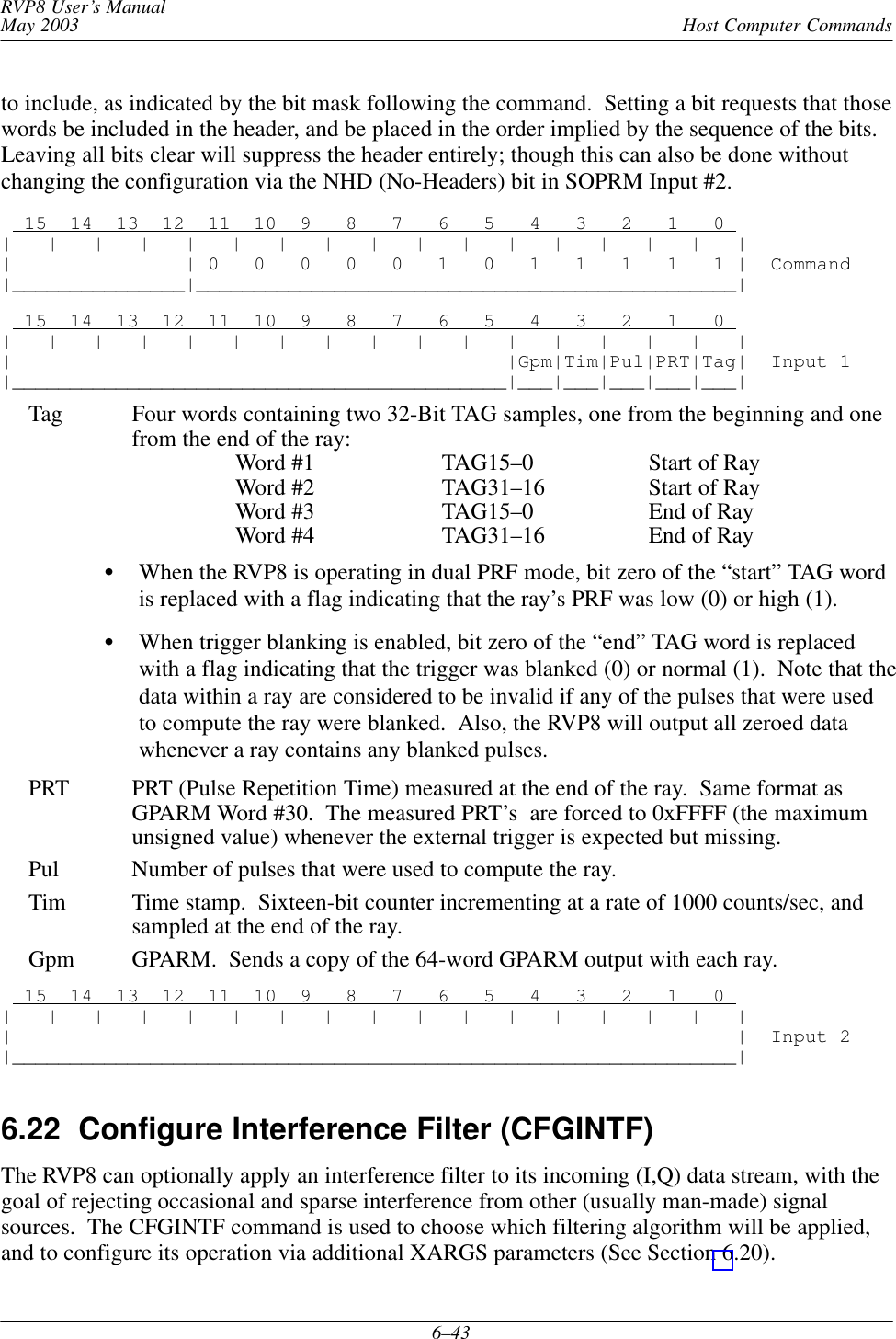 Host Computer CommandsRVP8 User’s ManualMay 20036–43to include, as indicated by the bit mask following the command.  Setting a bit requests that thosewords be included in the header, and be placed in the order implied by the sequence of the bits.Leaving all bits clear will suppress the header entirely; though this can also be done withoutchanging the configuration via the NHD (No-Headers) bit in SOPRM Input #2.  15  14  13  12  11  10  9   8   7   6   5   4   3   2   1   0 |   |   |   |   |   |   |   |   |   |   |   |   |   |   |   |   ||               | 0   0   0   0   0   1   0   1   1   1   1   1 |  Command|_______________|_______________________________________________|  15  14  13  12  11  10  9   8   7   6   5   4   3   2   1   0 |   |   |   |   |   |   |   |   |   |   |   |   |   |   |   |   ||                                           |Gpm|Tim|Pul|PRT|Tag|  Input 1|___________________________________________|___|___|___|___|___|Tag Four words containing two 32-Bit TAG samples, one from the beginning and onefrom the end of the ray:Word #1 TAG15–0 Start of RayWord #2 TAG31–16 Start of RayWord #3 TAG15–0 End of RayWord #4 TAG31–16 End of RayWhen the RVP8 is operating in dual PRF mode, bit zero of the “start” TAG wordis replaced with a flag indicating that the ray’s PRF was low (0) or high (1).When trigger blanking is enabled, bit zero of the “end” TAG word is replacedwith a flag indicating that the trigger was blanked (0) or normal (1).  Note that thedata within a ray are considered to be invalid if any of the pulses that were usedto compute the ray were blanked.  Also, the RVP8 will output all zeroed datawhenever a ray contains any blanked pulses.PRT PRT (Pulse Repetition Time) measured at the end of the ray.  Same format asGPARM Word #30.  The measured PRT’s  are forced to 0xFFFF (the maximumunsigned value) whenever the external trigger is expected but missing.Pul Number of pulses that were used to compute the ray.Tim Time stamp.  Sixteen-bit counter incrementing at a rate of 1000 counts/sec, andsampled at the end of the ray.Gpm GPARM.  Sends a copy of the 64-word GPARM output with each ray.  15  14  13  12  11  10  9   8   7   6   5   4   3   2   1   0 |   |   |   |   |   |   |   |   |   |   |   |   |   |   |   |   ||                                                               |  Input 2|_______________________________________________________________|6.22  Configure Interference Filter (CFGINTF) The RVP8 can optionally apply an interference filter to its incoming (I,Q) data stream, with thegoal of rejecting occasional and sparse interference from other (usually man-made) signalsources.  The CFGINTF command is used to choose which filtering algorithm will be applied,and to configure its operation via additional XARGS parameters (See Section 6.20).