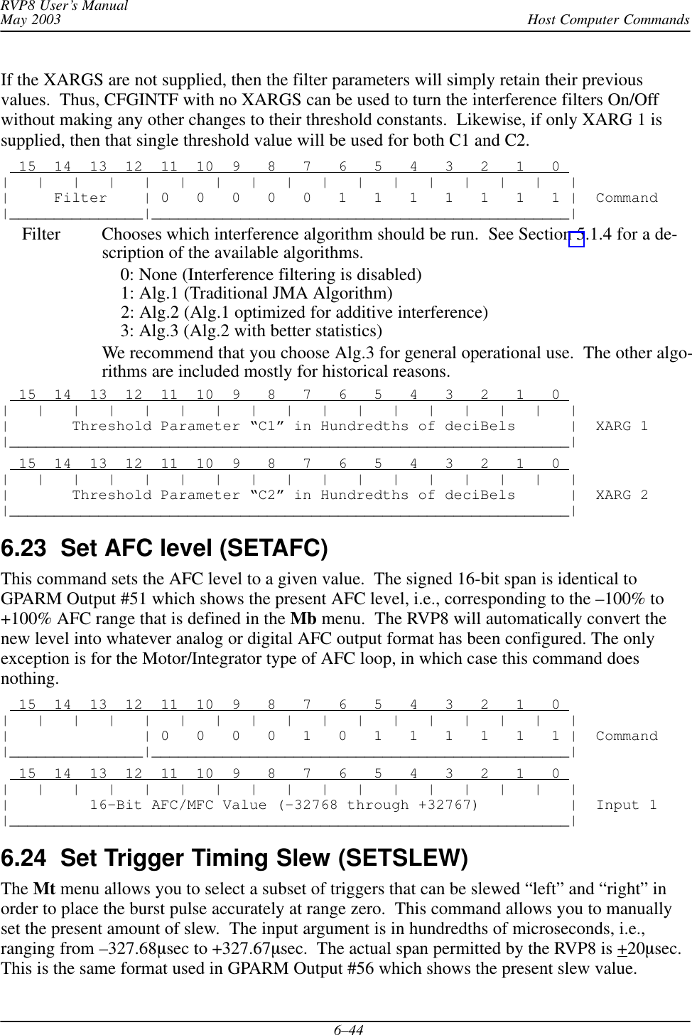 Host Computer CommandsRVP8 User’s ManualMay 20036–44If the XARGS are not supplied, then the filter parameters will simply retain their previousvalues.  Thus, CFGINTF with no XARGS can be used to turn the interference filters On/Offwithout making any other changes to their threshold constants.  Likewise, if only XARG 1 issupplied, then that single threshold value will be used for both C1 and C2.  15  14  13  12  11  10  9   8   7   6   5   4   3   2   1   0 |   |   |   |   |   |   |   |   |   |   |   |   |   |   |   |   ||     Filter    | 0   0   0   0   0   1   1   1   1   1   1   1 |  Command|_______________|_______________________________________________|Filter Chooses which interference algorithm should be run.  See Section 5.1.4 for a de-scription of the available algorithms.    0: None (Interference filtering is disabled)    1: Alg.1 (Traditional JMA Algorithm)    2: Alg.2 (Alg.1 optimized for additive interference)    3: Alg.3 (Alg.2 with better statistics)We recommend that you choose Alg.3 for general operational use.  The other algo-rithms are included mostly for historical reasons.  15  14  13  12  11  10  9   8   7   6   5   4   3   2   1   0 |   |   |   |   |   |   |   |   |   |   |   |   |   |   |   |   ||       Threshold Parameter “C1” in Hundredths of deciBels      |  XARG 1|_______________________________________________________________|  15  14  13  12  11  10  9   8   7   6   5   4   3   2   1   0 |   |   |   |   |   |   |   |   |   |   |   |   |   |   |   |   ||       Threshold Parameter “C2” in Hundredths of deciBels      |  XARG 2|_______________________________________________________________|6.23  Set AFC level (SETAFC)This command sets the AFC level to a given value.  The signed 16-bit span is identical toGPARM Output #51 which shows the present AFC level, i.e., corresponding to the –100% to+100% AFC range that is defined in the Mb menu.  The RVP8 will automatically convert thenew level into whatever analog or digital AFC output format has been configured. The onlyexception is for the Motor/Integrator type of AFC loop, in which case this command doesnothing.  15  14  13  12  11  10  9   8   7   6   5   4   3   2   1   0 |   |   |   |   |   |   |   |   |   |   |   |   |   |   |   |   ||               | 0   0   0   0   1   0   1   1   1   1   1   1 |  Command|_______________|_______________________________________________|  15  14  13  12  11  10  9   8   7   6   5   4   3   2   1   0 |   |   |   |   |   |   |   |   |   |   |   |   |   |   |   |   ||         16–Bit AFC/MFC Value (–32768 through +32767)          |  Input 1|_______________________________________________________________|6.24  Set Trigger Timing Slew (SETSLEW)The Mt menu allows you to select a subset of triggers that can be slewed “left” and “right” inorder to place the burst pulse accurately at range zero.  This command allows you to manuallyset the present amount of slew.  The input argument is in hundredths of microseconds, i.e.,ranging from –327.68sec to +327.67sec.  The actual span permitted by the RVP8 is +20sec.This is the same format used in GPARM Output #56 which shows the present slew value.