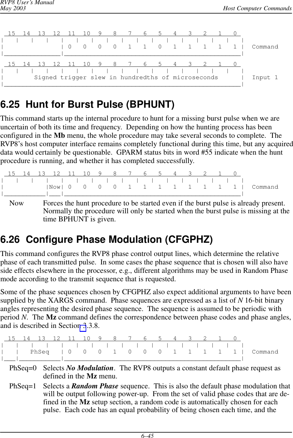 Host Computer CommandsRVP8 User’s ManualMay 20036–45  15  14  13  12  11  10  9   8   7   6   5   4   3   2   1   0 |   |   |   |   |   |   |   |   |   |   |   |   |   |   |   |   ||               | 0   0   0   0   1   1   0   1   1   1   1   1 |  Command|_______________|_______________________________________________|  15  14  13  12  11  10  9   8   7   6   5   4   3   2   1   0 |   |   |   |   |   |   |   |   |   |   |   |   |   |   |   |   ||        Signed trigger slew in hundredths of microseconds      |  Input 1|_______________________________________________________________|6.25  Hunt for Burst Pulse (BPHUNT)This command starts up the internal procedure to hunt for a missing burst pulse when we areuncertain of both its time and frequency.  Depending on how the hunting process has beenconfigured in the Mb menu, the whole procedure may take several seconds to complete.  TheRVP8’s host computer interface remains completely functional during this time, but any acquireddata would certainly be questionable.  GPARM status bits in word #55 indicate when the huntprocedure is running, and whether it has completed successfully.  15  14  13  12  11  10  9   8   7   6   5   4   3   2   1   0 |   |   |   |   |   |   |   |   |   |   |   |   |   |   |   |   ||           |Now| 0   0   0   0   1   1   1   1   1   1   1   1 |  Command|___________|___|_______________________________________________|Now Forces the hunt procedure to be started even if the burst pulse is already present.Normally the procedure will only be started when the burst pulse is missing at thetime BPHUNT is given.6.26  Configure Phase Modulation (CFGPHZ)This command configures the RVP8 phase control output lines, which determine the relativephase of each transmitted pulse.  In some cases the phase sequence that is chosen will also haveside effects elsewhere in the processor, e.g., different algorithms may be used in Random Phasemode according to the transmit sequence that is requested.Some of the phase sequences chosen by CFGPHZ also expect additional arguments to have beensupplied by the XARGS command.  Phase sequences are expressed as a list of N 16-bit binaryangles representing the desired phase sequence.  The sequence is assumed to be periodic withperiod N.  The Mz command defines the correspondence between phase codes and phase angles,and is described in Section 3.3.8.  15  14  13  12  11  10  9   8   7   6   5   4   3   2   1   0 |   |   |   |   |   |   |   |   |   |   |   |   |   |   |   |   ||   |   PhSeq   | 0   0   0   1   0   0   0   1   1   1   1   1 |  Command|___|___________|_______________________________________________|PhSeq=0 Selects No Modulation.  The RVP8 outputs a constant default phase request asdefined in the Mz menu.PhSeq=1 Selects a Random Phase sequence.  This is also the default phase modulation thatwill be output following power-up.  From the set of valid phase codes that are de-fined in the Mz setup section, a random code is automatically chosen for eachpulse.  Each code has an equal probability of being chosen each time, and the