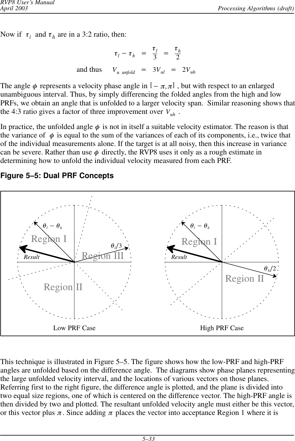 Processing Algorithms (draft)RVP8 User’s ManualApril 20035–33Now if tl  and th are in a 3:2 ratio, then:tl*th+tl3+th2and thus Vu unfold +3Vul +2VuhThe angle f represents a velocity phase angle in [*p,p] , but with respect to an enlargedunambiguous interval. Thus, by simply differencing the folded angles from the high and lowPRFs, we obtain an angle that is unfolded to a larger velocity span.  Similar reasoning shows thatthe 4:3 ratio gives a factor of three improvement over Vuh  .In practice, the unfolded angle f is not in itself a suitable velocity estimator. The reason is thatthe variance of f is equal to the sum of the variances of each of its components, i.e., twice thatof the individual measurements alone. If the target is at all noisy, then this increase in variancecan be severe. Rather than use f directly, the RVP8 uses it only as a rough estimate indetermining how to unfold the individual velocity measured from each PRF.Figure 5–5: Dual PRF Conceptsql*qhResultqlń3Region IIIRegion IIRegion ILow PRF Case High PRF CaseRegion IRegion IIql*qhResultqhń2This technique is illustrated in Figure 5–5. The figure shows how the low-PRF and high-PRFangles are unfolded based on the difference angle.  The diagrams show phase planes representingthe large unfolded velocity interval, and the locations of various vectors on those planes.Referring first to the right figure, the difference angle is plotted, and the plane is divided intotwo equal size regions, one of which is centered on the difference vector. The high-PRF angle isthen divided by two and plotted. The resultant unfolded velocity angle must either be this vector,or this vector plus p. Since adding p places the vector into acceptance Region 1 where it is