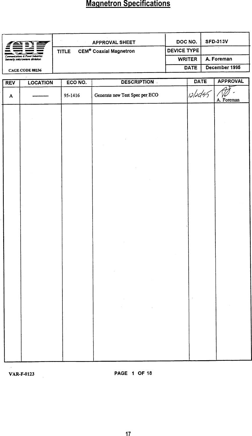 17   Magnetron Specifications   