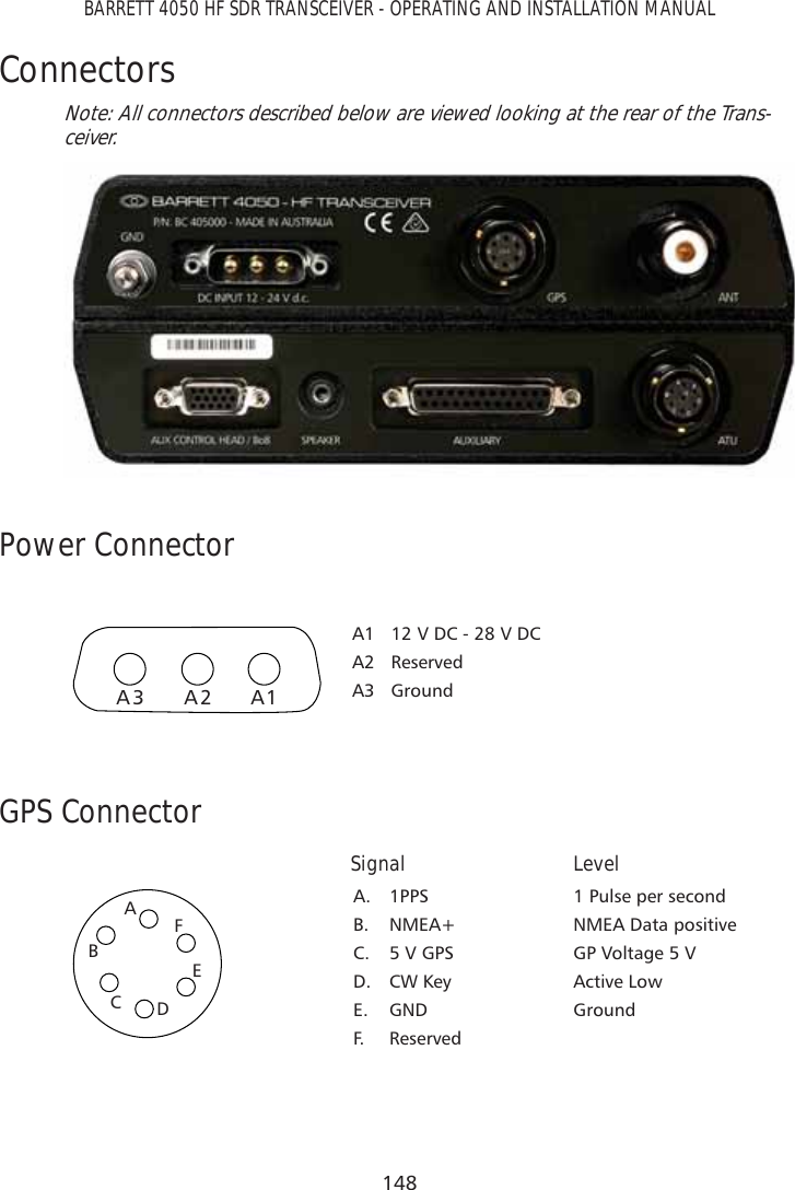 148BARRETT 4050 HF SDR TRANSCEIVER - OPERATING AND INSTALLATION MANUALConnectorsNote: All connectors described below are viewed looking at the rear of the Trans-ceiver.Power ConnectorA3 A2 A1A1  12 V DC - 28 V DCA2 ReservedA3 GroundGPS ConnectorSignal LevelABCDEFA. 1PPSB. NMEA+C.  5 V GPSD. CW KeyE. GNDF. Reserved1 Pulse per secondNMEA Data positiveGP Voltage 5 VActive LowGround 