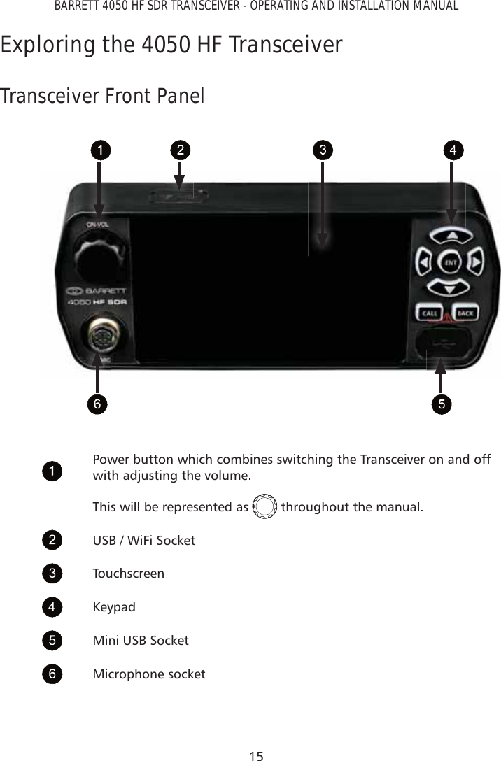 15BARRETT 4050 HF SDR TRANSCEIVER - OPERATING AND INSTALLATION MANUALExploring the 4050 HF TransceiverTransceiver Front PanelPower button which combines switching the Transceiver on and off with adjusting the volume. This will be represented as   throughout the manual.USB / WiFi SocketTouchscreenKeypadMini USB SocketMicrophone socket