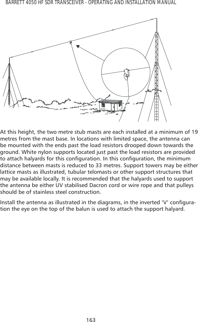 163BARRETT 4050 HF SDR TRANSCEIVER - OPERATING AND INSTALLATION MANUALAt this height, the two metre stub masts are each installed at a minimum of 19 metres from the mast base. In locations with limited space, the antenna can be mounted with the ends past the load resistors drooped down towards the ground. White nylon supports located just past the load resistors are provided WRDWWDFKKDO\DUGVIRUWKLVFRQÀJXUDWLRQ,QWKLVFRQÀJXUDWLRQWKHPLQLPXPdistance between masts is reduced to 33 metres. Support towers may be either lattice masts as illustrated, tubular telomasts or other support structures that may be available locally. It is recommended that the halyards used to support the antenna be either UV stabilised Dacron cord or wire rope and that pulleys should be of stainless steel construction. ,QVWDOOWKHDQWHQQDDVLOOXVWUDWHGLQWKHGLDJUDPVLQWKHLQYHUWHG¶9·FRQÀJXUD-tion the eye on the top of the balun is used to attach the support halyard. 