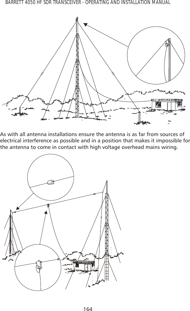 164BARRETT 4050 HF SDR TRANSCEIVER - OPERATING AND INSTALLATION MANUALAs with all antenna installations ensure the antenna is as far from sources of electrical interference as possible and in a position that makes it impossible for the antenna to come in contact with high voltage overhead mains wiring.
