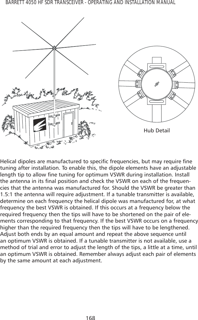 168BARRETT 4050 HF SDR TRANSCEIVER - OPERATING AND INSTALLATION MANUALHub Detail+HOLFDOGLSROHVDUHPDQXIDFWXUHGWRVSHFLÀFIUHTXHQFLHVEXWPD\UHTXLUHÀQHtuning after installation. To enable this, the dipole elements have an adjustable OHQJWKWLSWRDOORZÀQHWXQLQJIRURSWLPXP96:5GXULQJLQVWDOODWLRQ,QVWDOOWKHDQWHQQDLQLWVÀQDOSRVLWLRQDQGFKHFNWKH96:5RQHDFKRIWKHIUHTXHQ-cies that the antenna was manufactured for. Should the VSWR be greater than 1.5:1 the antenna will require adjustment. If a tunable transmitter is available, determine on each frequency the helical dipole was manufactured for, at what frequency the best VSWR is obtained. If this occurs at a frequency below the required frequency then the tips will have to be shortened on the pair of ele-ments corresponding to that frequency. If the best VSWR occurs on a frequency higher than the required frequency then the tips will have to be lengthened. Adjust both ends by an equal amount and repeat the above sequence until an optimum VSWR is obtained. If a tunable transmitter is not available, use a method of trial and error to adjust the length of the tips, a little at a time, until an optimum VSWR is obtained. Remember always adjust each pair of elements by the same amount at each adjustment. 