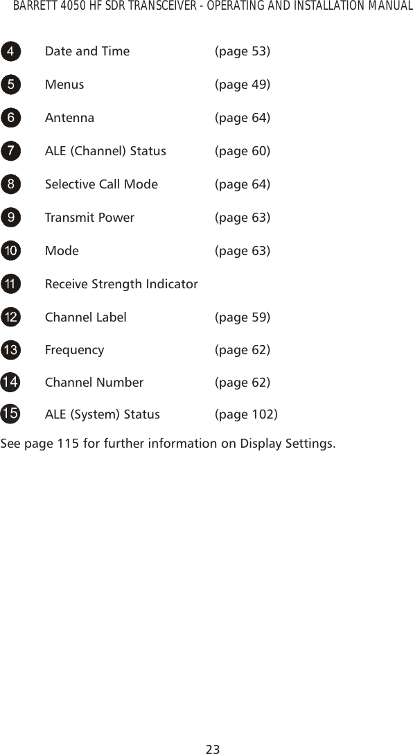 23BARRETT 4050 HF SDR TRANSCEIVER - OPERATING AND INSTALLATION MANUALDate and Time (page 53)Menus (page 49)Antenna (page 64)ALE (Channel) Status (page 60)Selective Call Mode (page 64)Transmit Power (page 63)Mode (page 63)Receive Strength IndicatorChannel Label (page 59)Frequency (page 62)14 Channel Number (page 62)15 ALE (System) Status (page 102)See page 115 for further information on Display Settings.