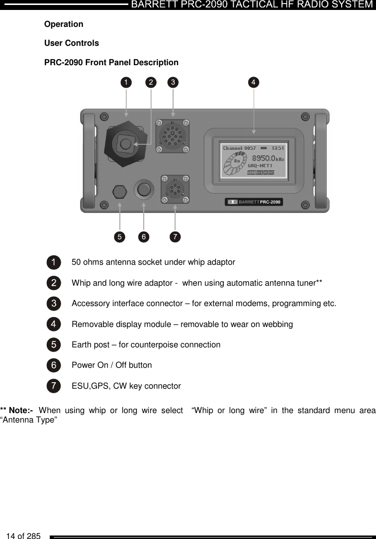   14 of 285          Operation  User Controls  PRC-2090 Front Panel Description                 50 ohms antenna socket under whip adaptor  Whip and long wire adaptor -  when using automatic antenna tuner**  Accessory interface connector – for external modems, programming etc.  Removable display module – removable to wear on webbing  Earth post – for counterpoise connection  Power On / Off button  ESU,GPS, CW key connector  ** Note:-   When  using  whip  or  long  wire  select    “Whip  or  long  wire”  in  the  standard  menu  area “Antenna Type”  