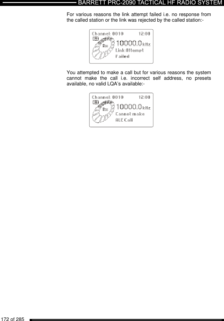   172 of 285          For various reasons the link attempt failed i.e. no response from the called station or the link was rejected by the called station:-      You attempted to make a call but for various reasons the system cannot  make  the  call  i.e.  incorrect  self  address,  no  presets available, no valid LQA’s available:-            