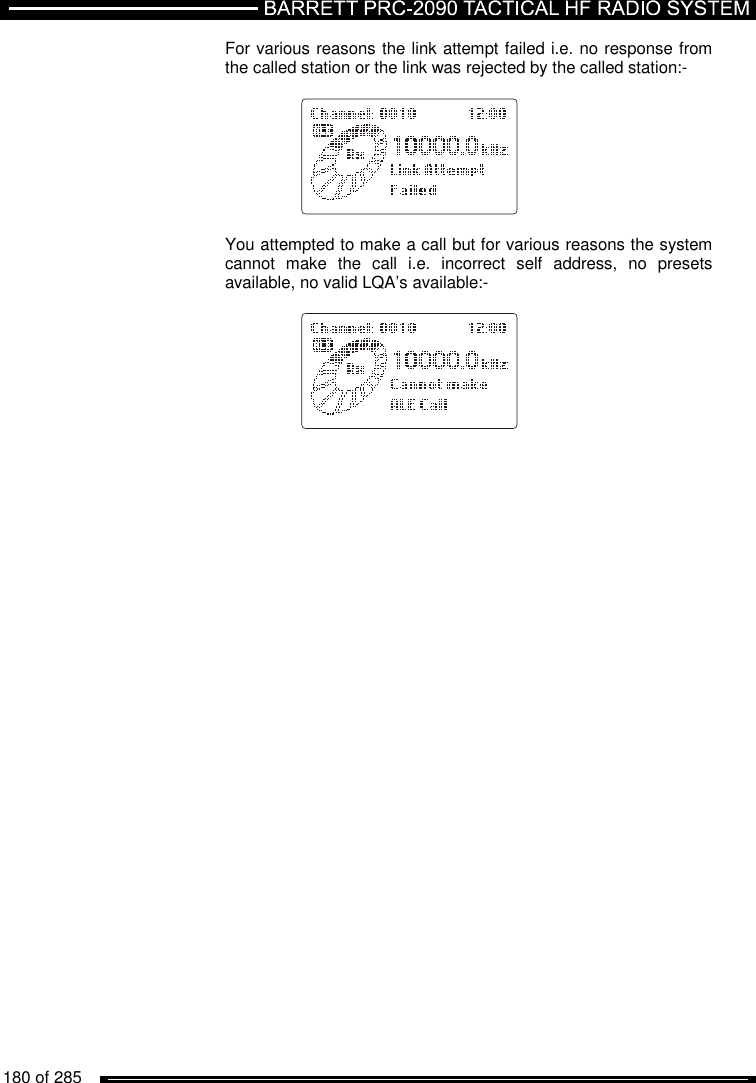   180 of 285          For various reasons the link attempt failed i.e. no response from the called station or the link was rejected by the called station:-      You attempted to make a call but for various reasons the system cannot  make  the  call  i.e.  incorrect  self  address,  no  presets available, no valid LQA’s available:-           