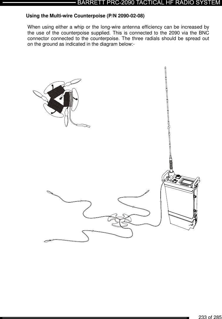          233 of 285               Using the Multi-wire Counterpoise (P/N 2090-02-08)  When using either a whip or the long-wire antenna efficiency can be increased by the use of the counterpoise supplied. This is connected to the 2090 via the BNC connector connected to the counterpoise. The three radials should be spread out on the ground as indicated in the diagram below:-   