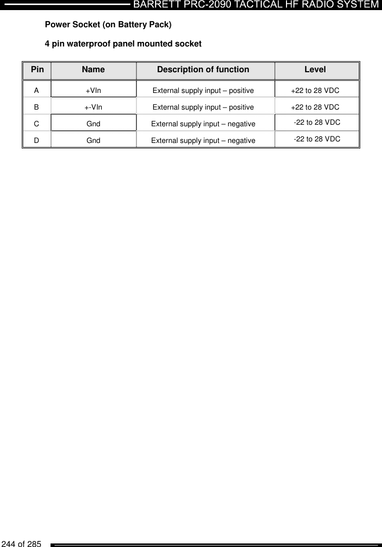   244 of 285          Power Socket (on Battery Pack)  4 pin waterproof panel mounted socket  Pin Name Description of function Level A  +VIn  External supply input – positive  +22 to 28 VDC B  +-VIn  External supply input – positive  +22 to 28 VDC  C  Gnd  External supply input – negative  -22 to 28 VDC D  Gnd  External supply input – negative  -22 to 28 VDC    