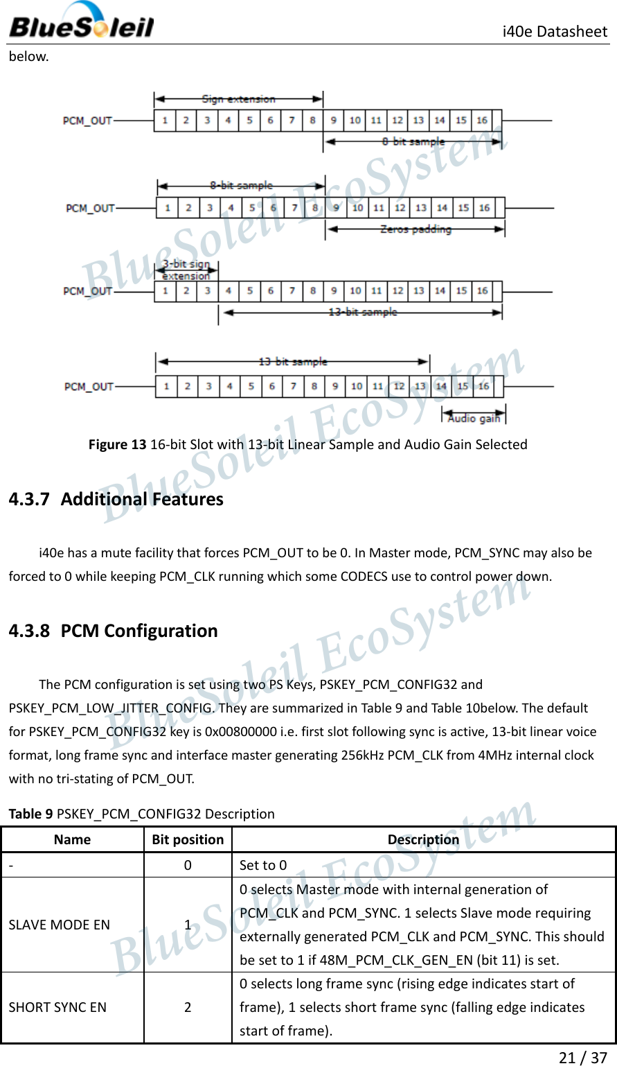                         i40e Datasheet  21 / 37  below.     Figure 13 16-bit Slot with 13-bit Linear Sample and Audio Gain Selected 4.3.7 Additional Features i40e has a mute facility that forces PCM_OUT to be 0. In Master mode, PCM_SYNC may also be forced to 0 while keeping PCM_CLK running which some CODECS use to control power down. 4.3.8 PCM Configuration The PCM configuration is set using two PS Keys, PSKEY_PCM_CONFIG32 and PSKEY_PCM_LOW_JITTER_CONFIG. They are summarized in Table 9 and Table 10below. The default for PSKEY_PCM_CONFIG32 key is 0x00800000 i.e. first slot following sync is active, 13-bit linear voice format, long frame sync and interface master generating 256kHz PCM_CLK from 4MHz internal clock with no tri-stating of PCM_OUT.   Table 9 PSKEY_PCM_CONFIG32 Description Name Bit position Description - 0   Set to 0   SLAVE MODE EN   1   0 selects Master mode with internal generation of PCM_CLK and PCM_SYNC. 1 selects Slave mode requiring externally generated PCM_CLK and PCM_SYNC. This should be set to 1 if 48M_PCM_CLK_GEN_EN (bit 11) is set.   SHORT SYNC EN   2   0 selects long frame sync (rising edge indicates start of frame), 1 selects short frame sync (falling edge indicates start of frame).                    BlueSoleil EcoSystem            BlueSoleil EcoSystem      BlueSoleil EcoSystemBlueSoleil EcoSystem