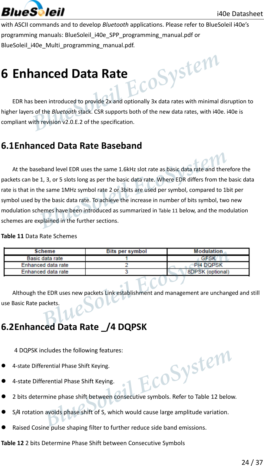                          i40e Datasheet  24 / 37  with ASCII commands and to develop Bluetooth applications. Please refer to BlueSoleil i40e’s programming manuals: BlueSoleil_i40e_SPP_programming_manual.pdf or BlueSoleil_i40e_Multi_programming_manual.pdf. 6 Enhanced Data Rate EDR has been introduced to provide 2x and optionally 3x data rates with minimal disruption to higher layers of the Bluetooth stack. CSR supports both of the new data rates, with i40e. i40e is compliant with revision v2.0.E.2 of the specification. 6.1 Enhanced Data Rate Baseband At the baseband level EDR uses the same 1.6kHz slot rate as basic data rate and therefore the packets can be 1, 3, or 5 slots long as per the basic data rate. Where EDR differs from the basic data rate is that in the same 1MHz symbol rate 2 or 3bits are used per symbol, compared to 1bit per symbol used by the basic data rate. To achieve the increase in number of bits symbol, two new modulation schemes have been introduced as summarized in Table 11 below, and the modulation schemes are explained in the further sections. Table 11 Data Rate Schemes  Although the EDR uses new packets Link establishment and management are unchanged and still use Basic Rate packets. 6.2 Enhanced Data Rate _/4 DQPSK 4 DQPSK includes the following features:    4-state Differential Phase Shift Keying.  4-state Differential Phase Shift Keying.  2 bits determine phase shift between consecutive symbols. Refer to Table 12 below.  S/4 rotation avoids phase shift of S, which would cause large amplitude variation.  Raised Cosine pulse shaping filter to further reduce side band emissions. Table 12 2 bits Determine Phase Shift between Consecutive Symbols                  BlueSoleil EcoSystem            BlueSoleil EcoSystem      BlueSoleil EcoSystemBlueSoleil EcoSystem