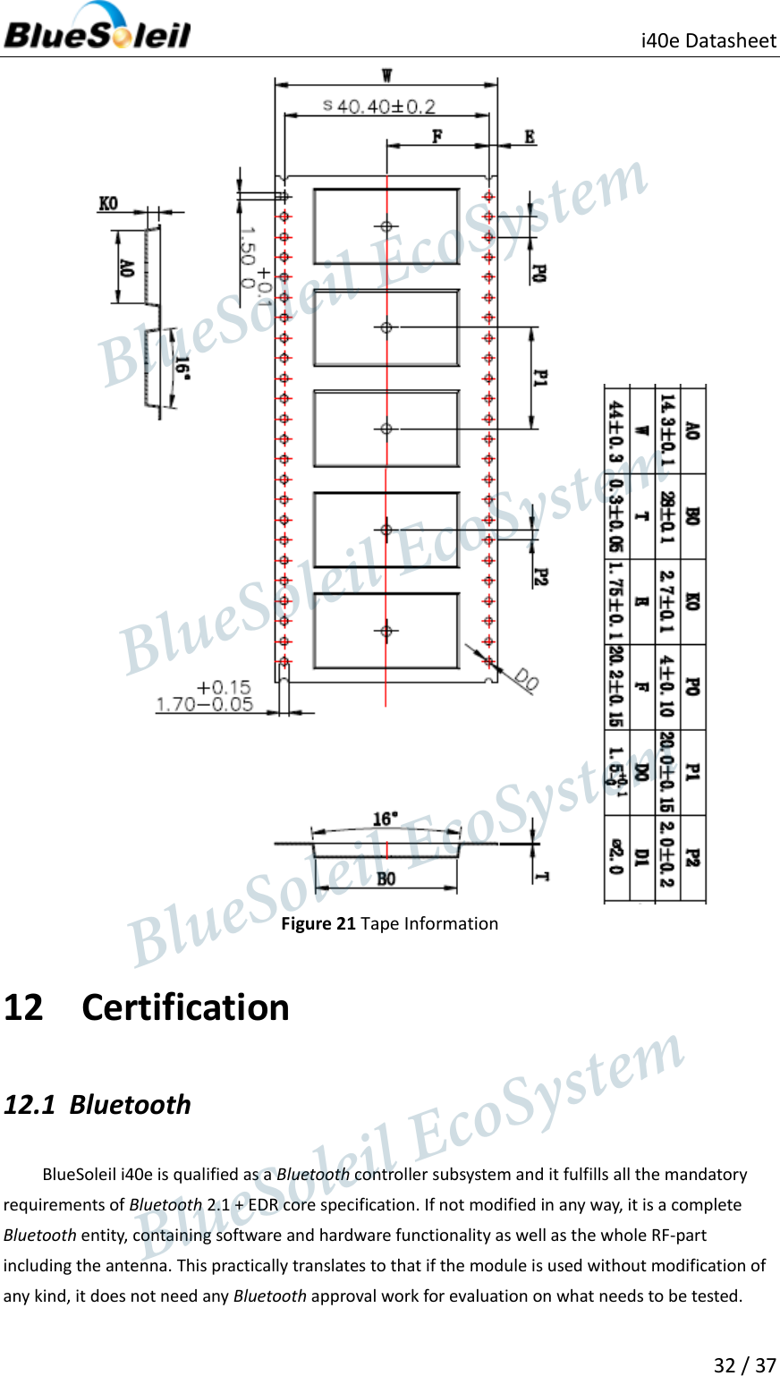                          i40e Datasheet  32 / 37   Figure 21 Tape Information 12 Certification 12.1 Bluetooth BlueSoleil i40e is qualified as a Bluetooth controller subsystem and it fulfills all the mandatory requirements of Bluetooth 2.1 + EDR core specification. If not modified in any way, it is a complete Bluetooth entity, containing software and hardware functionality as well as the whole RF-part including the antenna. This practically translates to that if the module is used without modification of any kind, it does not need any Bluetooth approval work for evaluation on what needs to be tested.                  BlueSoleil EcoSystem            BlueSoleil EcoSystem      BlueSoleil EcoSystemBlueSoleil EcoSystem