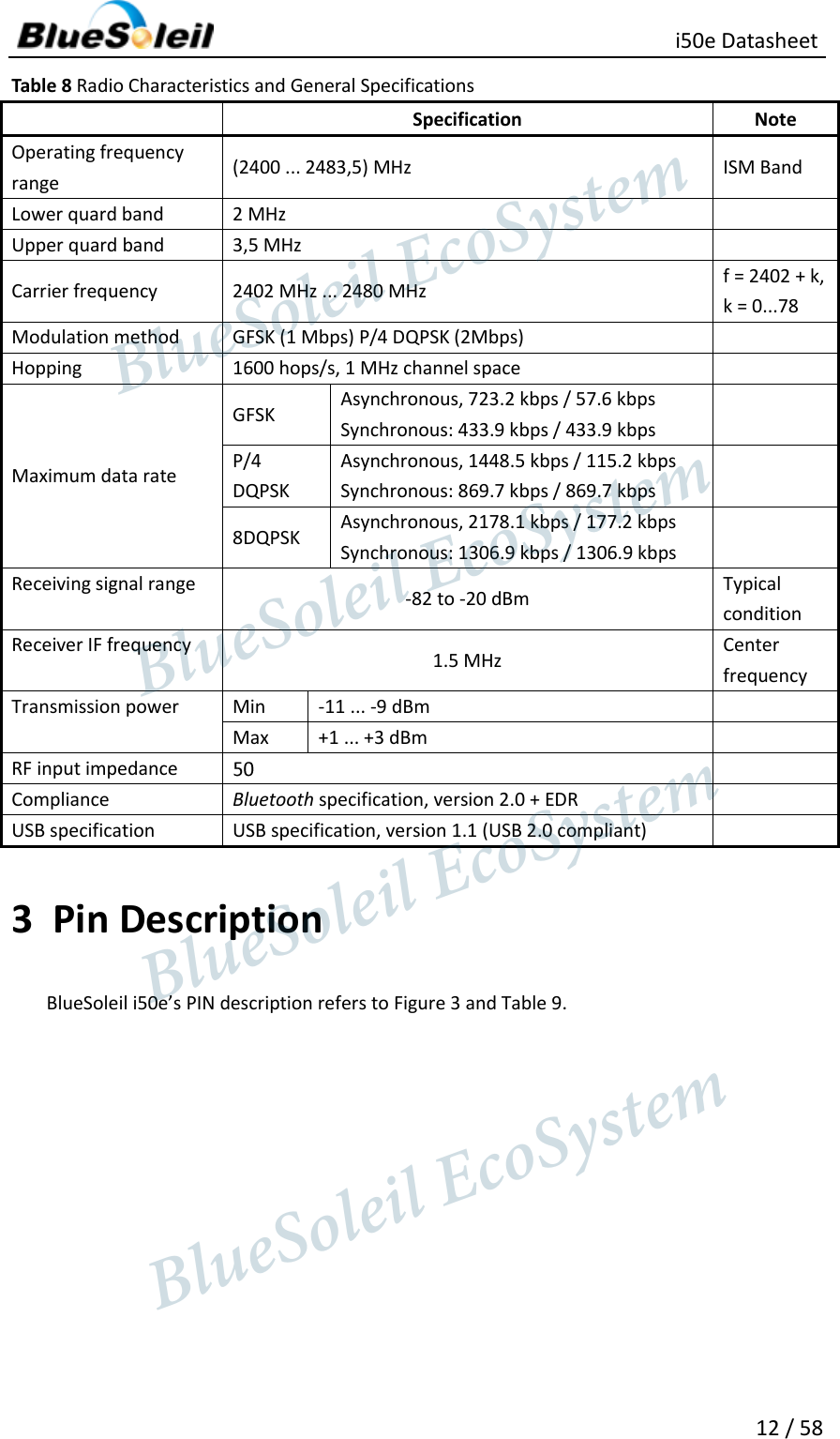                                                   i50e Datasheet 12 / 58 Table 8 Radio Characteristics and General Specifications  Specification Note Operating frequency range   (2400 ... 2483,5) MHz   ISM Band   Lower quard band   2 MHz    Upper quard band   3,5 MHz    Carrier frequency   2402 MHz ... 2480 MHz   f = 2402 + k, k = 0...78   Modulation method   GFSK (1 Mbps) P/4 DQPSK (2Mbps)    Hopping   1600 hops/s, 1 MHz channel space    Maximum data rate   GFSK   Asynchronous, 723.2 kbps / 57.6 kbps Synchronous: 433.9 kbps / 433.9 kbps    P/4 DQPSK Asynchronous, 1448.5 kbps / 115.2 kbps Synchronous: 869.7 kbps / 869.7 kbps    8DQPSK Asynchronous, 2178.1 kbps / 177.2 kbps Synchronous: 1306.9 kbps / 1306.9 kbps    Receiving signal range   -82 to -20 dBm Typical condition   Receiver IF frequency   1.5 MHz   Center frequency   Transmission power   Min   -11 ... -9 dBm  Max   +1 ... +3 dBm  RF input impedance     Compliance   Bluetooth specification, version 2.0 + EDR    USB specification   USB specification, version 1.1 (USB 2.0 compliant)    3 Pin Description BlueSoleil i50e’s PIN description refers to Figure 3 and Table 9.                  BlueSoleil EcoSystem            BlueSoleil EcoSystem      BlueSoleil EcoSystemBlueSoleil EcoSystem