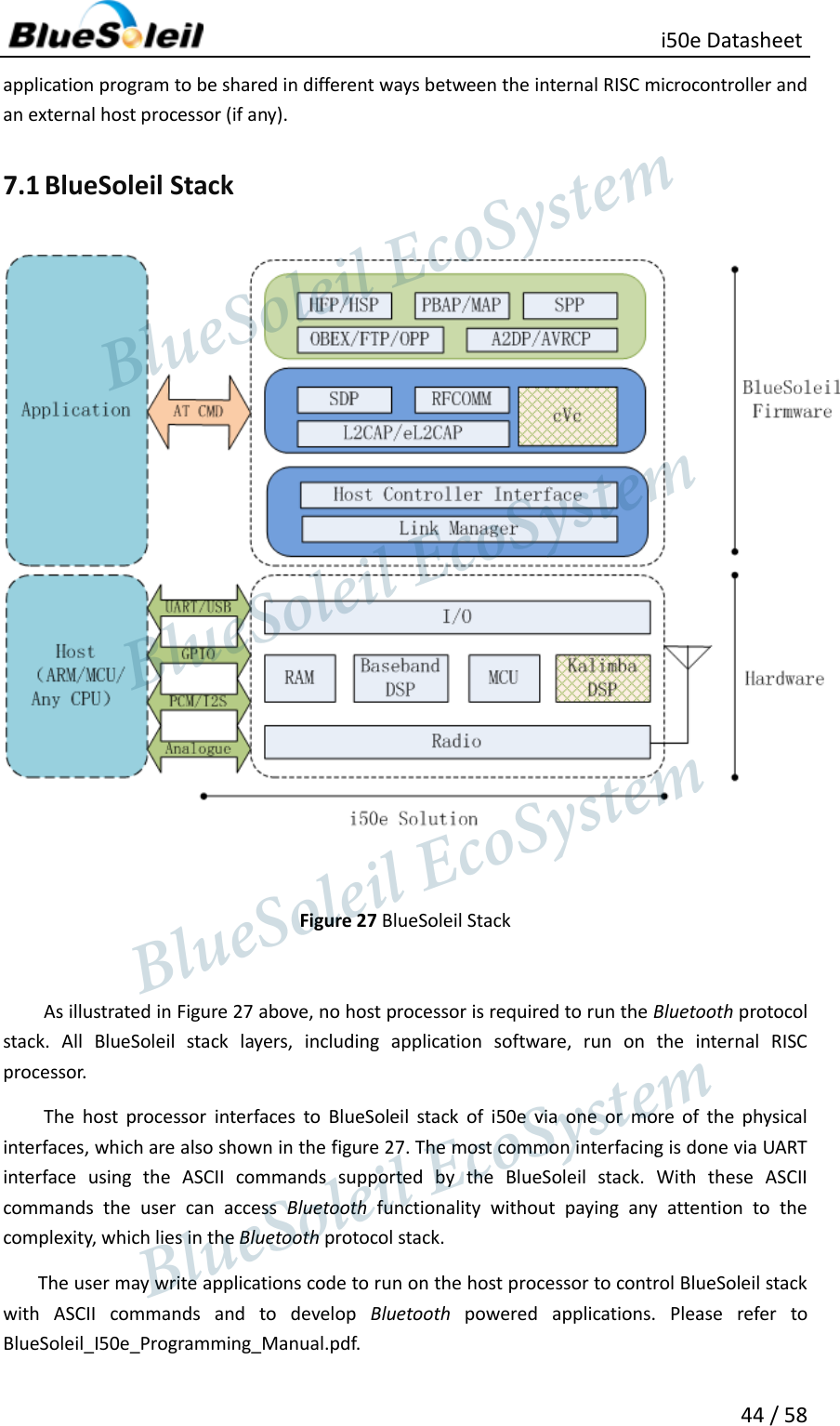                                                   i50e Datasheet 44 / 58 application program to be shared in different ways between the internal RISC microcontroller and an external host processor (if any).   7.1 BlueSoleil Stack   Figure 27 BlueSoleil Stack  As illustrated in Figure 27 above, no host processor is required to run the Bluetooth protocol stack.  All  BlueSoleil  stack  layers,  including  application  software,  run  on  the  internal  RISC processor.   The  host  processor  interfaces  to  BlueSoleil  stack  of  i50e  via  one  or  more  of  the  physical interfaces, which are also shown in the figure 27. The most common interfacing is done via UART interface  using  the  ASCII  commands  supported  by  the  BlueSoleil  stack.  With  these  ASCII commands  the  user  can  access  Bluetooth  functionality  without  paying  any  attention  to  the complexity, which lies in the Bluetooth protocol stack.     The user may write applications code to run on the host processor to control BlueSoleil stack with  ASCII  commands  and  to  develop  Bluetooth  powered  applications.  Please  refer  to BlueSoleil_I50e_Programming_Manual.pdf.                  BlueSoleil EcoSystem            BlueSoleil EcoSystem      BlueSoleil EcoSystemBlueSoleil EcoSystem