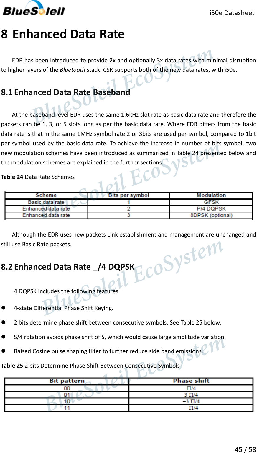                                                   i50e Datasheet 45 / 58 8 Enhanced Data Rate EDR has been introduced to provide 2x and optionally 3x data rates with minimal disruption to higher layers of the Bluetooth stack. CSR supports both of the new data rates, with i50e.   8.1 Enhanced Data Rate Baseband At the baseband level EDR uses the same 1.6kHz slot rate as basic data rate and therefore the packets can be 1, 3, or 5 slots long as per the basic data rate. Where EDR differs from the basic data rate is that in the same 1MHz symbol rate 2 or 3bits are used per symbol, compared to 1bit per symbol used by  the basic data rate. To achieve the increase in number of  bits symbol, two new modulation schemes have been introduced as summarized in Table 24 presented below and the modulation schemes are explained in the further sections. Table 24 Data Rate Schemes  Although the EDR uses new packets Link establishment and management are unchanged and still use Basic Rate packets. 8.2 Enhanced Data Rate _/4 DQPSK 4 DQPSK includes the following features.  4-state Differential Phase Shift Keying.  2 bits determine phase shift between consecutive symbols. See Table 25 below.  S/4 rotation avoids phase shift of S, which would cause large amplitude variation.  Raised Cosine pulse shaping filter to further reduce side band emissions. Table 25 2 bits Determine Phase Shift Between Consecutive Symbols                   BlueSoleil EcoSystem            BlueSoleil EcoSystem      BlueSoleil EcoSystemBlueSoleil EcoSystem