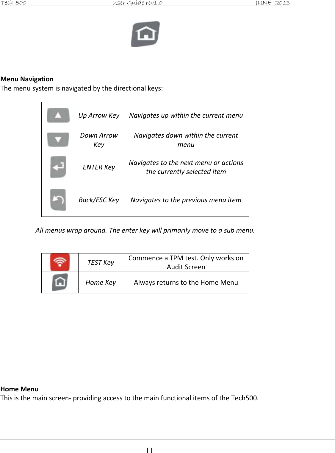 Tech 500                                           User Guide rev1.0                                               JUNE  2013                                                        11     Menu Navigation The menu system is navigated by the directional keys:   Up Arrow Key Navigates up within the current menu  Down Arrow Key Navigates down within the current menu  ENTER Key Navigates to the next menu or actions the currently selected item  Back/ESC Key Navigates to the previous menu item  All menus wrap around. The enter key will primarily move to a sub menu.    TEST Key Commence a TPM test. Only works on Audit Screen  Home Key Always returns to the Home Menu           Home Menu This is the main screen- providing access to the main functional items of the Tech500.  