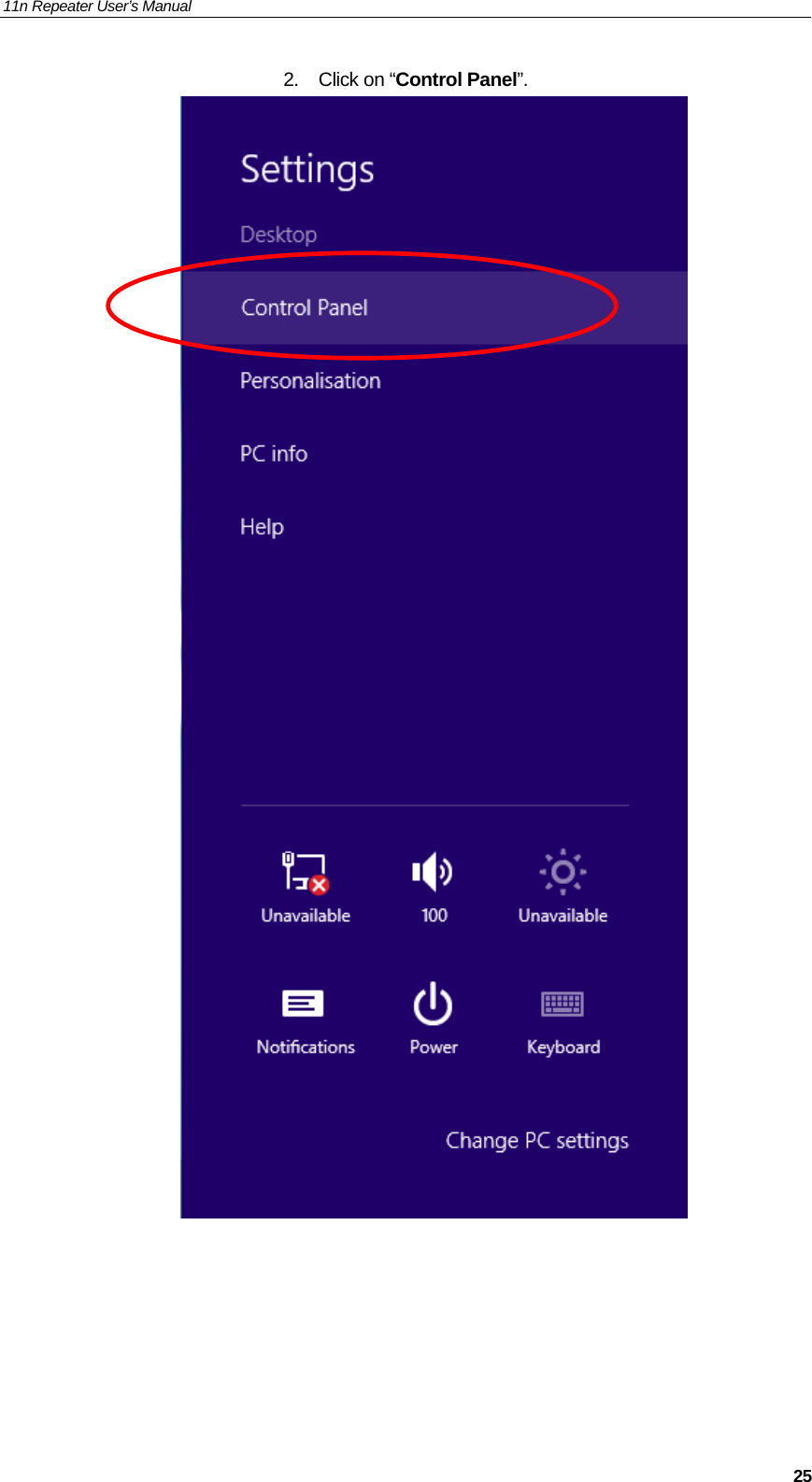 11n Repeater User’s Manual     252. Click on “Control Panel”.       