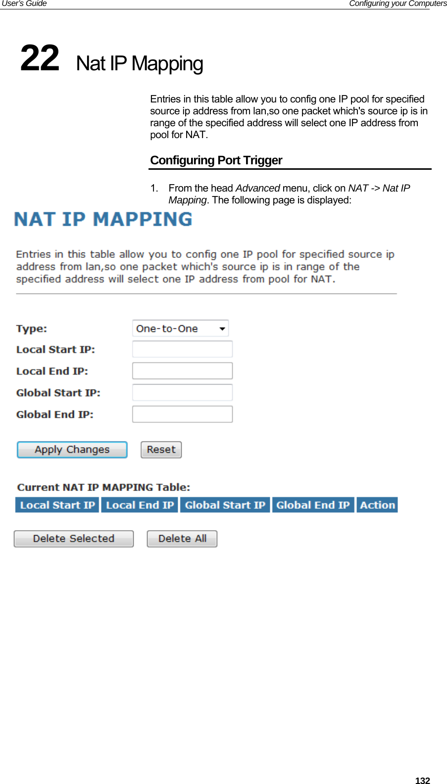 User’s Guide   Configuring your Computers 22  Nat IP Mapping Entries in this table allow you to config one IP pool for specified source ip address from lan,so one packet which&apos;s source ip is in range of the specified address will select one IP address from pool for NAT. Configuring Port Trigger 1. From the head Advanced menu, click on NAT -&gt; Nat IP Mapping. The following page is displayed:              132