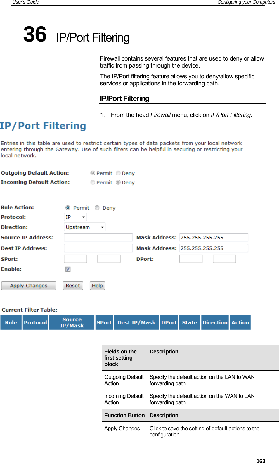 User’s Guide   Configuring your Computers 36  IP/Port Filtering Firewall contains several features that are used to deny or allow traffic from passing through the device. The IP/Port filtering feature allows you to deny/allow specific services or applications in the forwarding path. IP/Port Filtering 1. From the head Firewall menu, click on IP/Port Filtering.      Fields on the first setting block Description  Outgoing Default Action Specify the default action on the LAN to WAN forwarding path. Incoming Default Action Specify the default action on the WAN to LAN forwarding path.      Function Button Description  Apply Changes  Click to save the setting of default actions to the configuration.  163