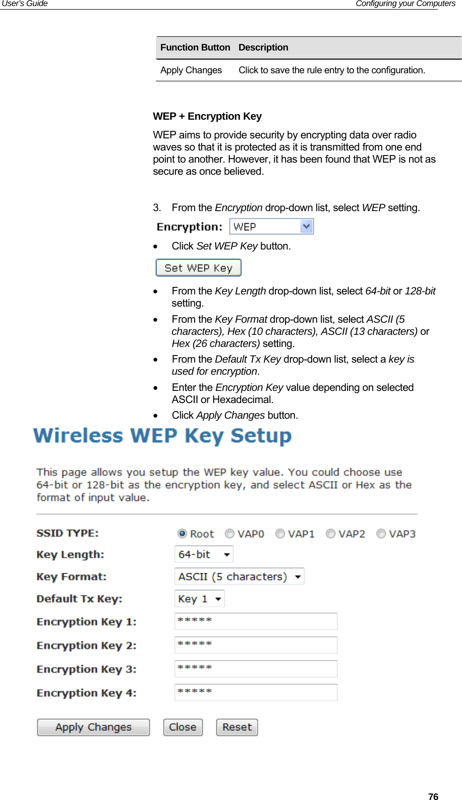 User’s Guide   Configuring your Computers   Function Button Description  Apply Changes  Click to save the rule entry to the configuration.  WEP + Encryption Key WEP aims to provide security by encrypting data over radio waves so that it is protected as it is transmitted from one end point to another. However, it has been found that WEP is not as secure as once believed.     3. From the Encryption drop-down list, select WEP setting.  • Click Set WEP Key button.  • From the Key Length drop-down list, select 64-bit or 128-bit setting. • From the Key Format drop-down list, select ASCII (5 characters), Hex (10 characters), ASCII (13 characters) or Hex (26 characters) setting. • From the Default Tx Key drop-down list, select a key is used for encryption. • Enter the Encryption Key value depending on selected ASCII or Hexadecimal. • Click Apply Changes button.    76