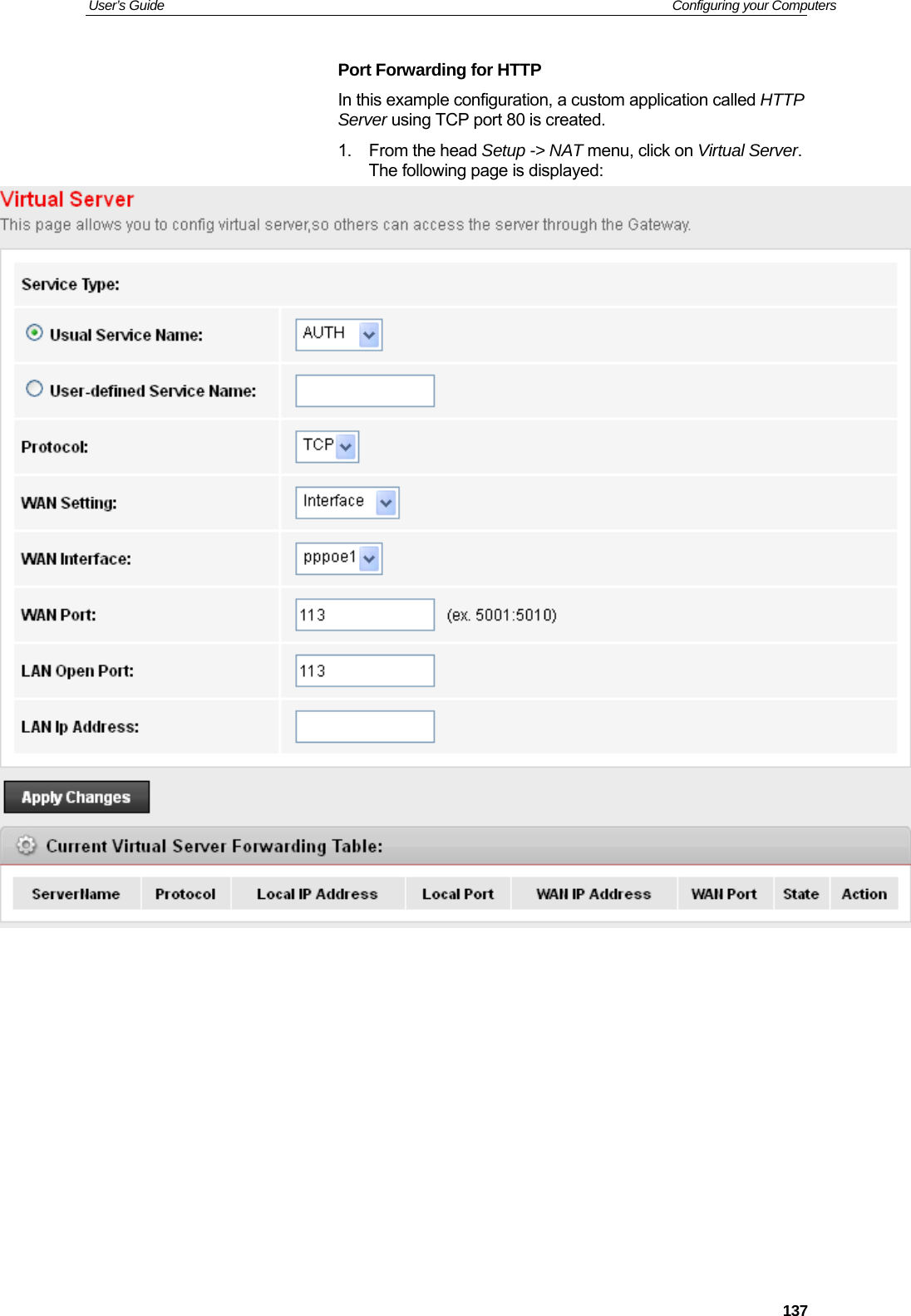 User’s Guide   Configuring your Computers  137Port Forwarding for HTTP In this example configuration, a custom application called HTTP Server using TCP port 80 is created. 1. From the head Setup -&gt; NAT menu, click on Virtual Server. The following page is displayed:             