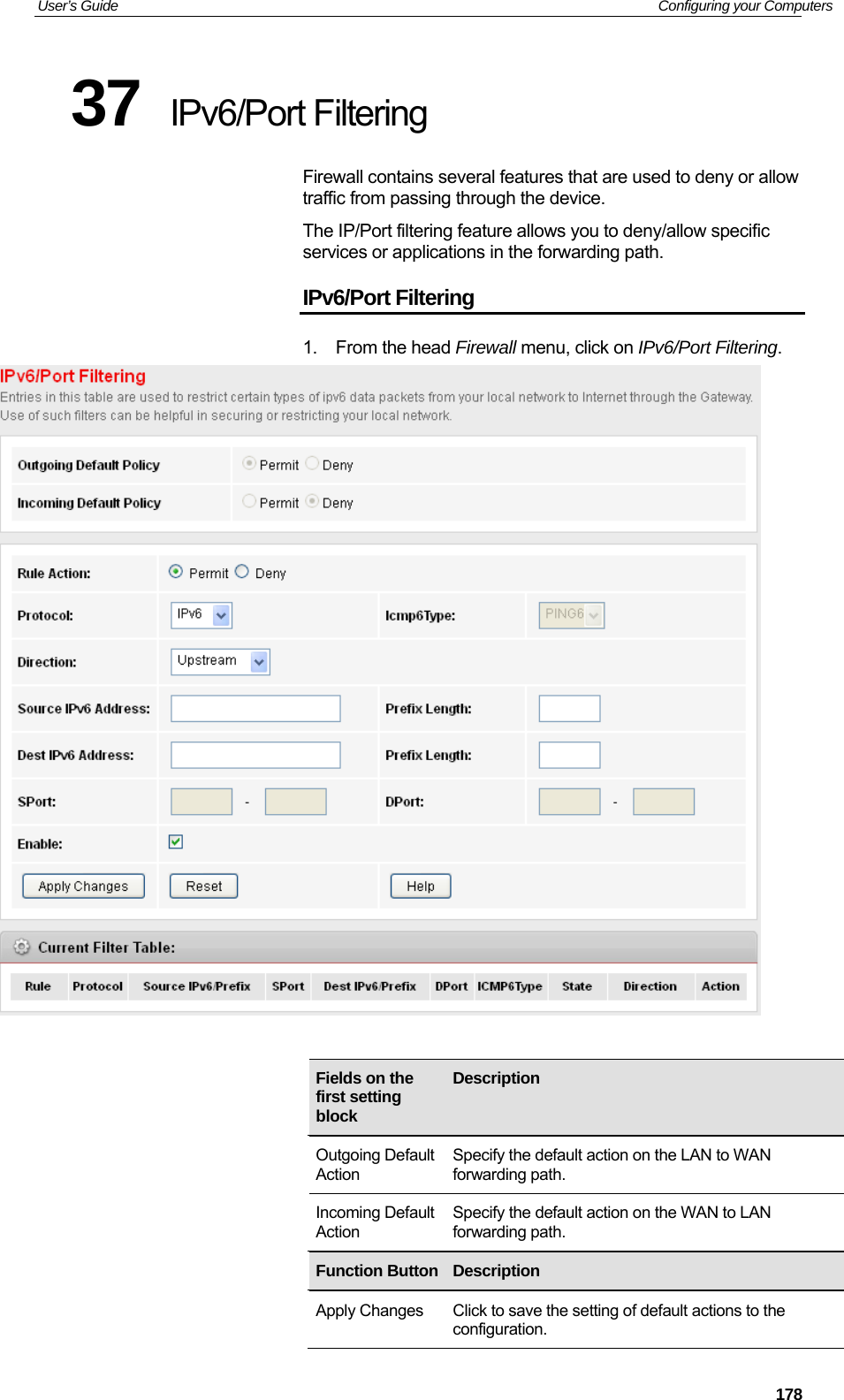 User’s Guide   Configuring your Computers  17837  IPv6/Port Filtering Firewall contains several features that are used to deny or allow traffic from passing through the device. The IP/Port filtering feature allows you to deny/allow specific services or applications in the forwarding path. IPv6/Port Filtering 1. From the head Firewall menu, click on IPv6/Port Filtering.             Fields on the first setting block Description Outgoing Default Action Specify the default action on the LAN to WAN forwarding path. Incoming Default Action Specify the default action on the WAN to LAN forwarding path. Function Button Description Apply Changes  Click to save the setting of default actions to the configuration. 