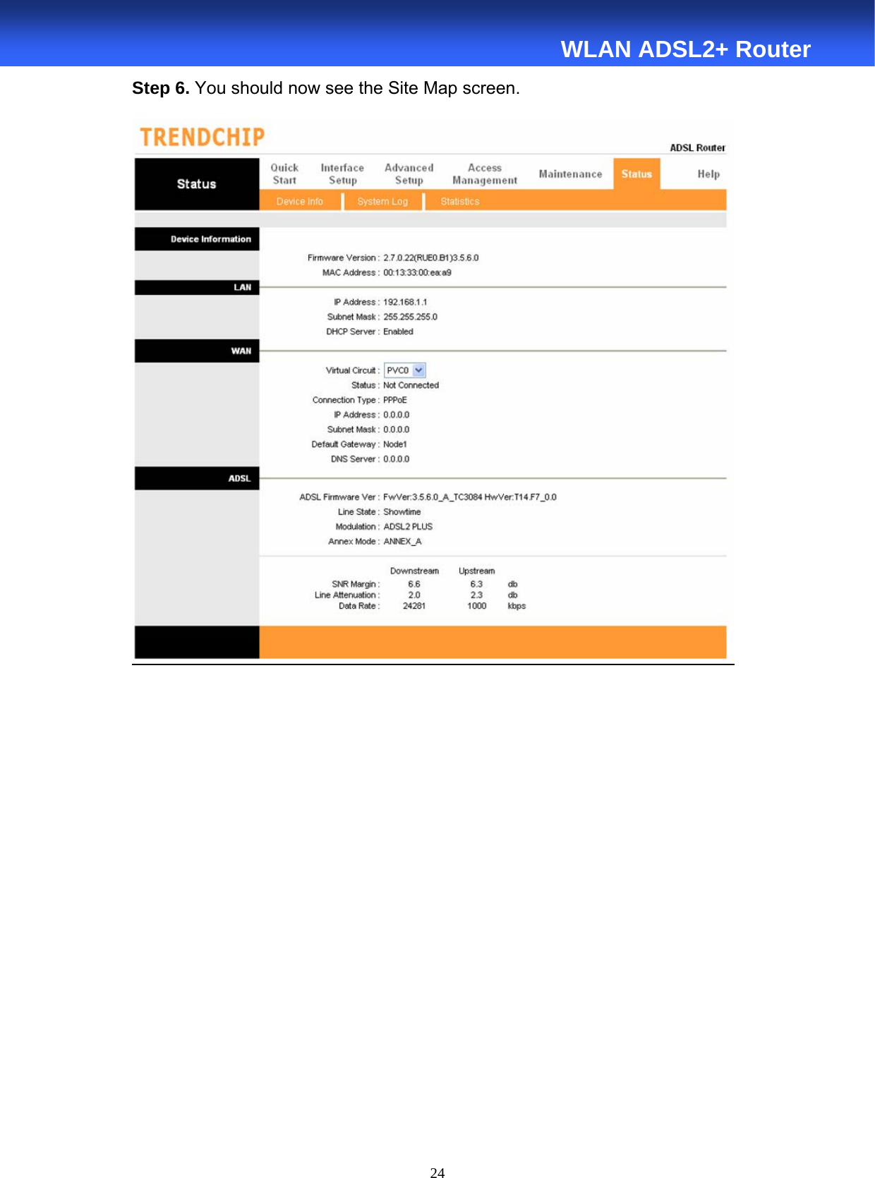  24  WLAN ADSL2+ Router Step 6. You should now see the Site Map screen.            