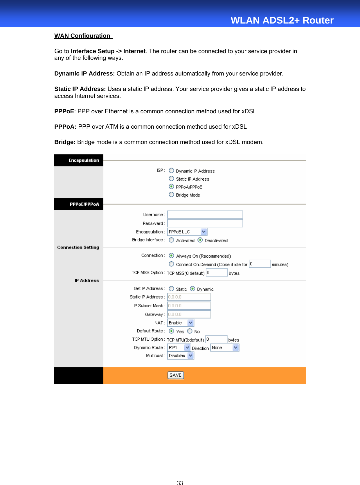  33  WLAN ADSL2+ Router WAN Configuration   Go to Interface Setup -&gt; Internet. The router can be connected to your service provider in any of the following ways.   Dynamic IP Address: Obtain an IP address automatically from your service provider.   Static IP Address: Uses a static IP address. Your service provider gives a static IP address to access Internet services.   PPPoE: PPP over Ethernet is a common connection method used for xDSL   PPPoA: PPP over ATM is a common connection method used for xDSL   Bridge: Bridge mode is a common connection method used for xDSL modem.        